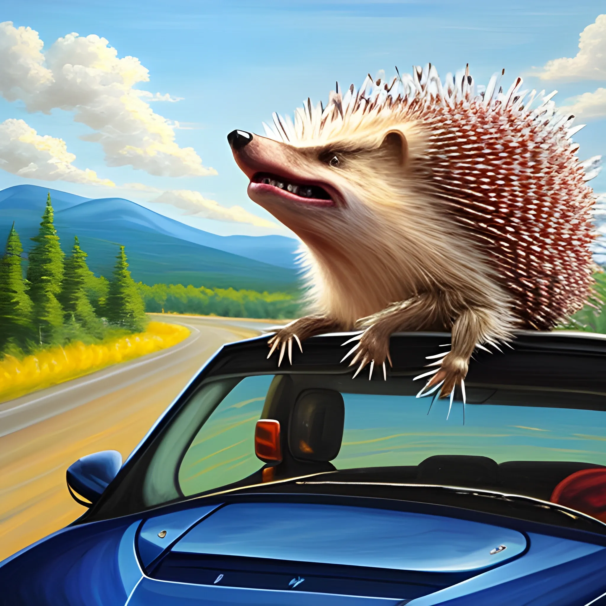 A happy friendly porcupine driving a car to New Hampshire on a nice day, Oil Painting