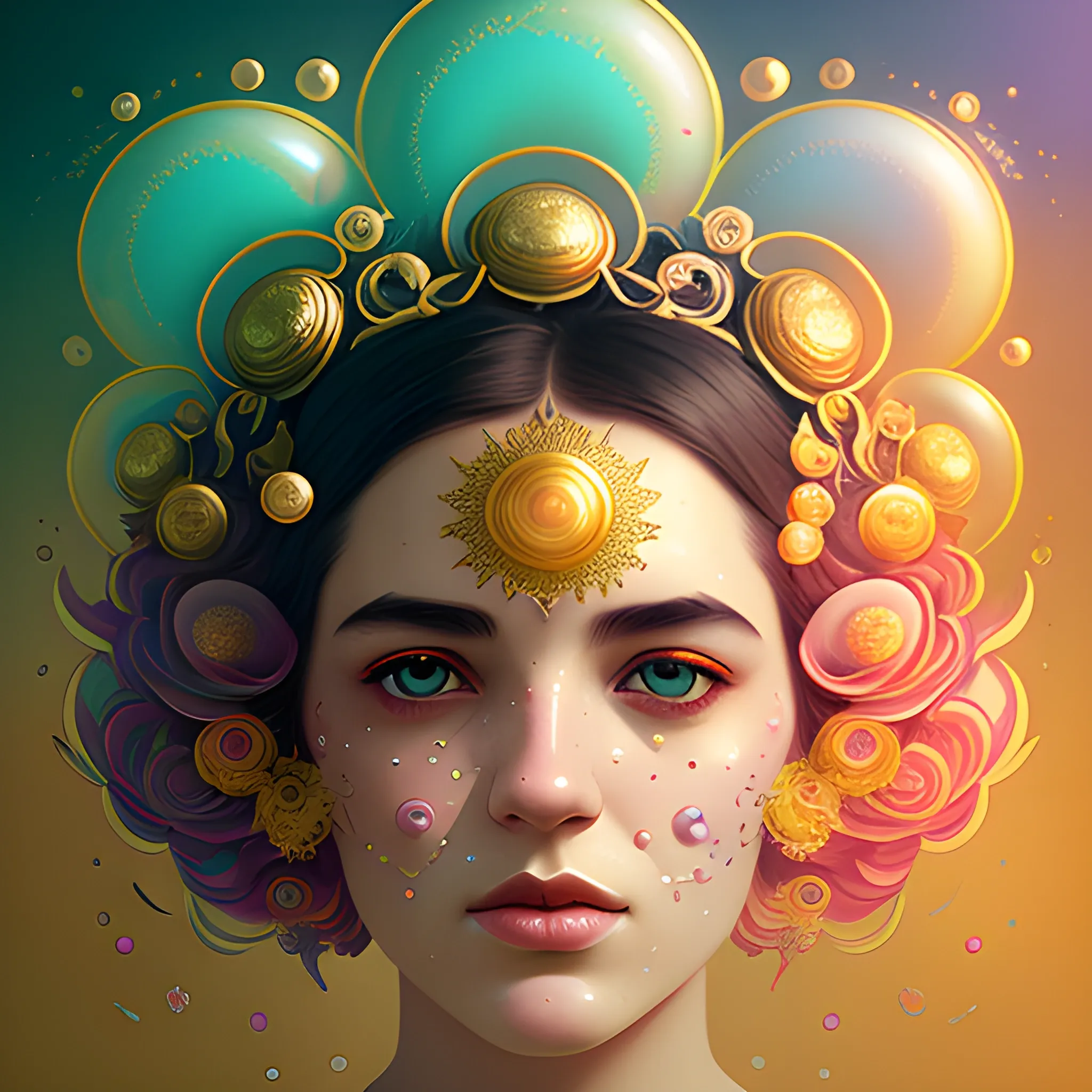 Flowery beautiful face with gold jewellery, by petros afshar, ross tran, Tom Bagshaw, tom whalen, underwater bubbly psychedelic clouds, Anaglyph 3D lens blur effect