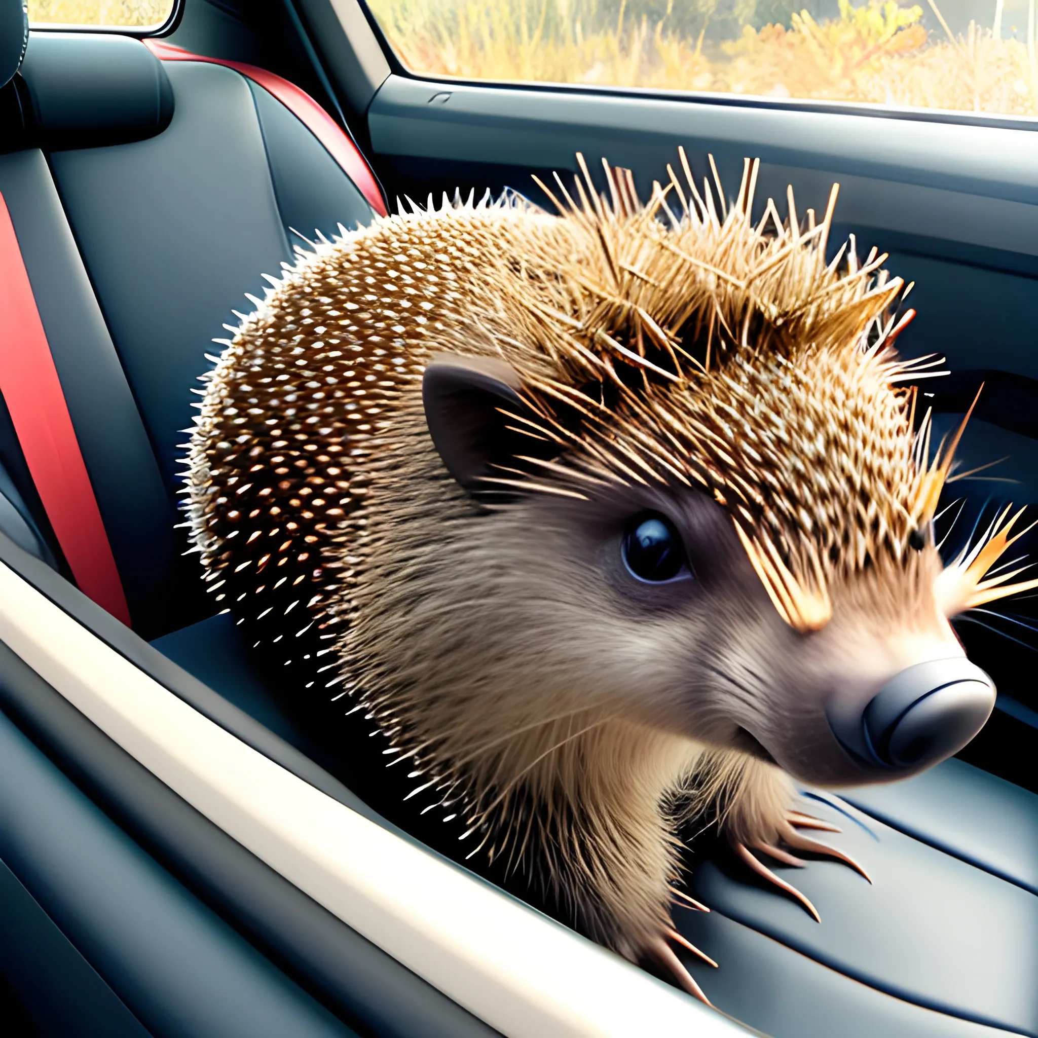 A cute, friendly, realistic porcupine riding in a car to New Hampshire