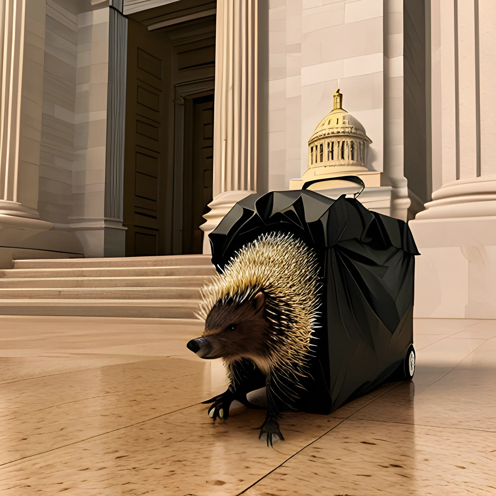 Photo of a porcupine taking out the trash, with a capitol building rotunda sticking out of the trash bag, 3D