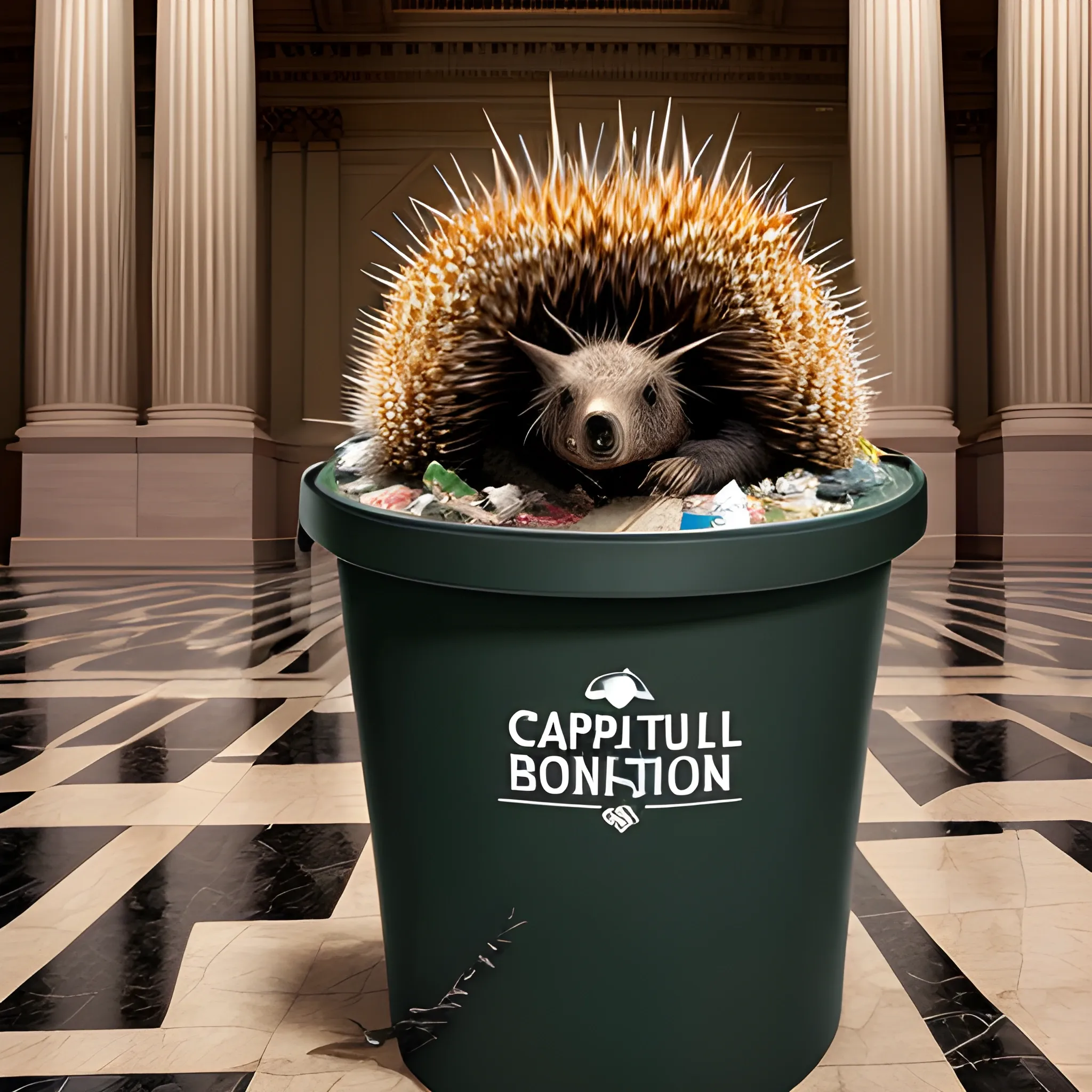 A trash can with a Capitol building rotunda sticking out of the trash, being emptied by a porcupine, Cartoon