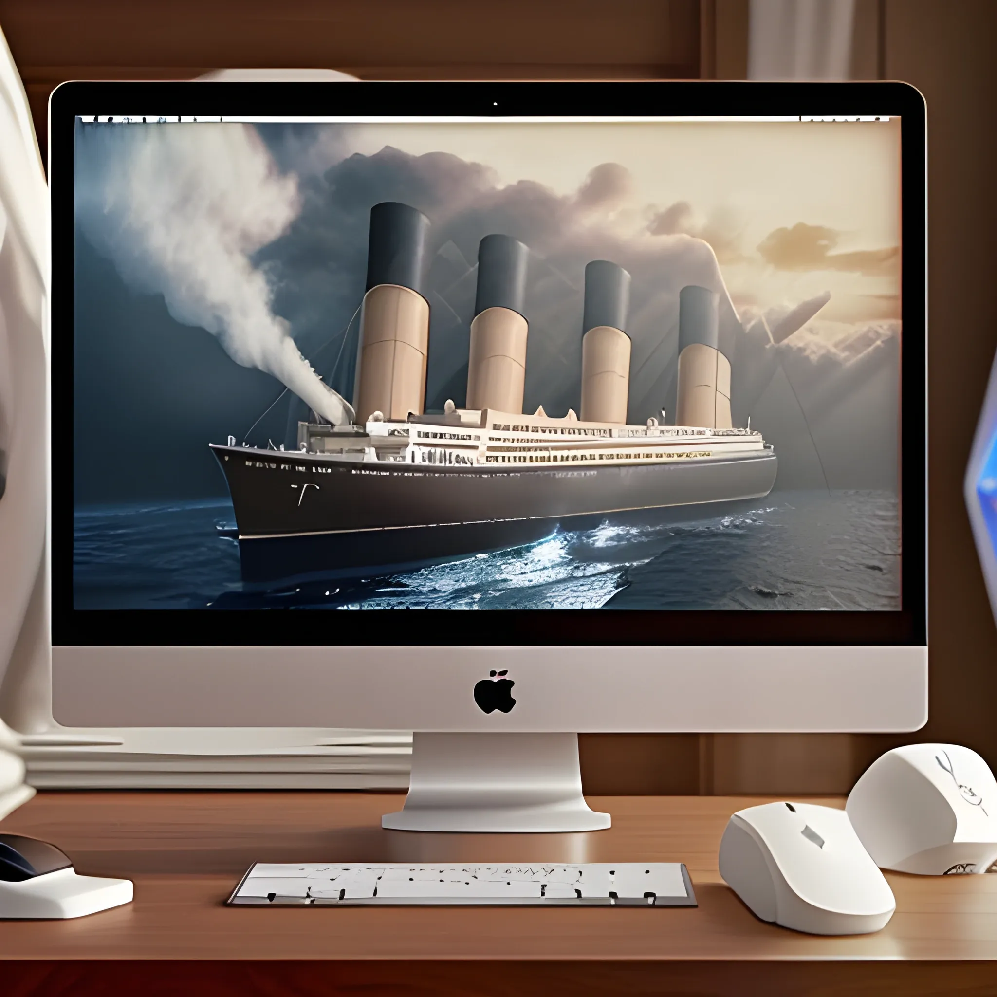 A hologram image of the titanic being viewed on a mac computer, on a wooden desk, which has a white keyboard and a white mouse., 3D