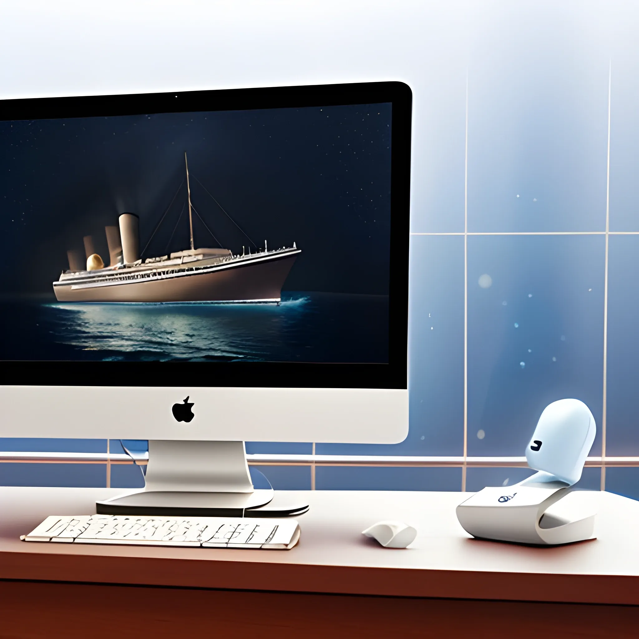 A hologram image of the titanic being viewed on a mac computer, on a wooden desk, which has a white keyboard and a white mouse., 3D