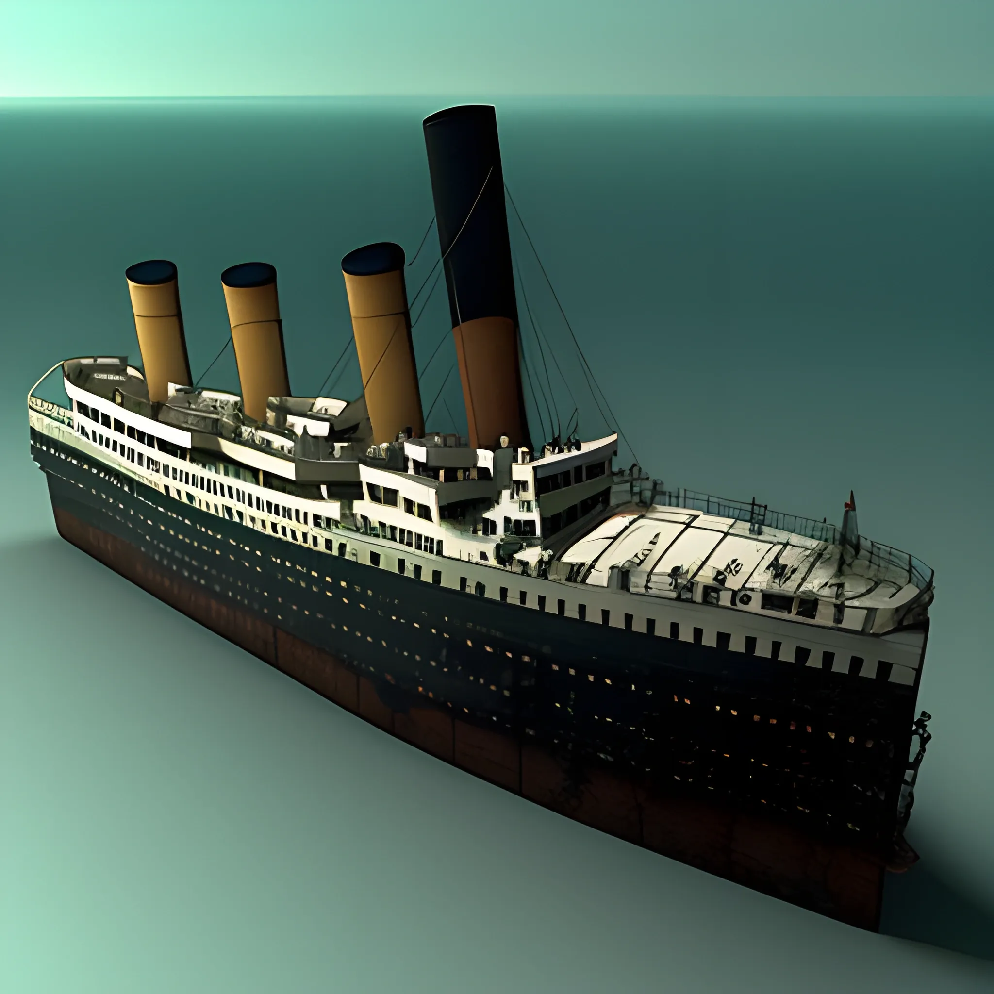 The titanic destroyed at the bottom of the sea, broken in two parts and remains of the ship buried at the bottom of the ocean., 3D