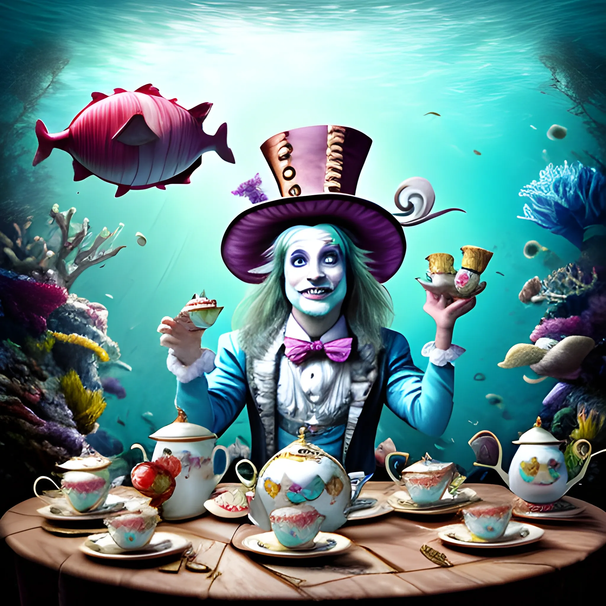 Mad hatter's tea party with Alice and the Hatter underwater with sea creatures