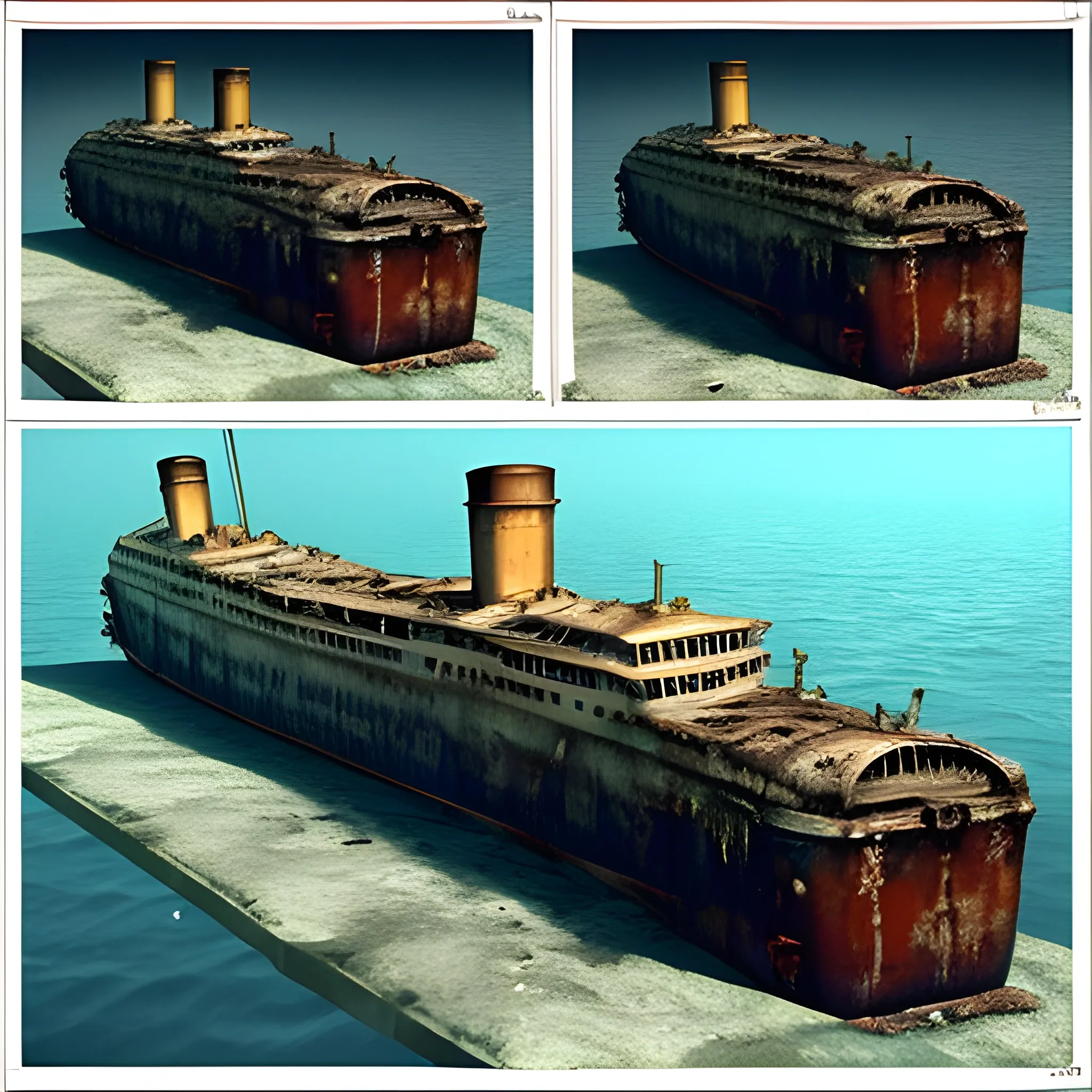 Titanic in ruins and rusted at the bottom of the sea, broken in two parts and remains of the ship buried at the bottom of the ocean., 3D