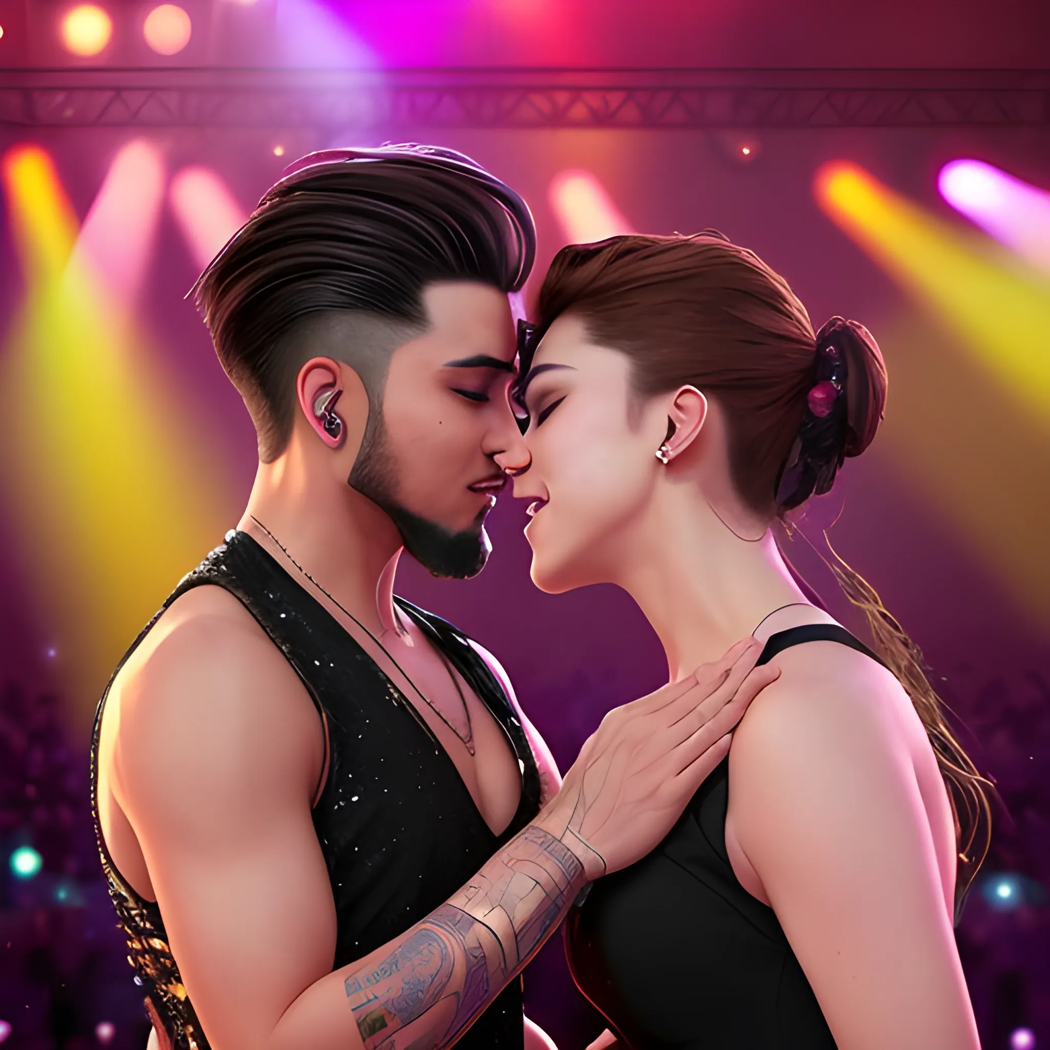 A male singer commands the stage with confidence, his distinctive goatee and brown undercut hair giving him a unique flair. Bathed in a bright spotlight, his movements exude charisma and musical passion. In the audience, a woman with long, straight brown hair watches him with love in her eyes, creating an intense connection. Sweets fall from the sky like sparkling, colorful stars, adding a magical and playful touch to the scene, where music and affection converge in a single unforgettable moment, anime.