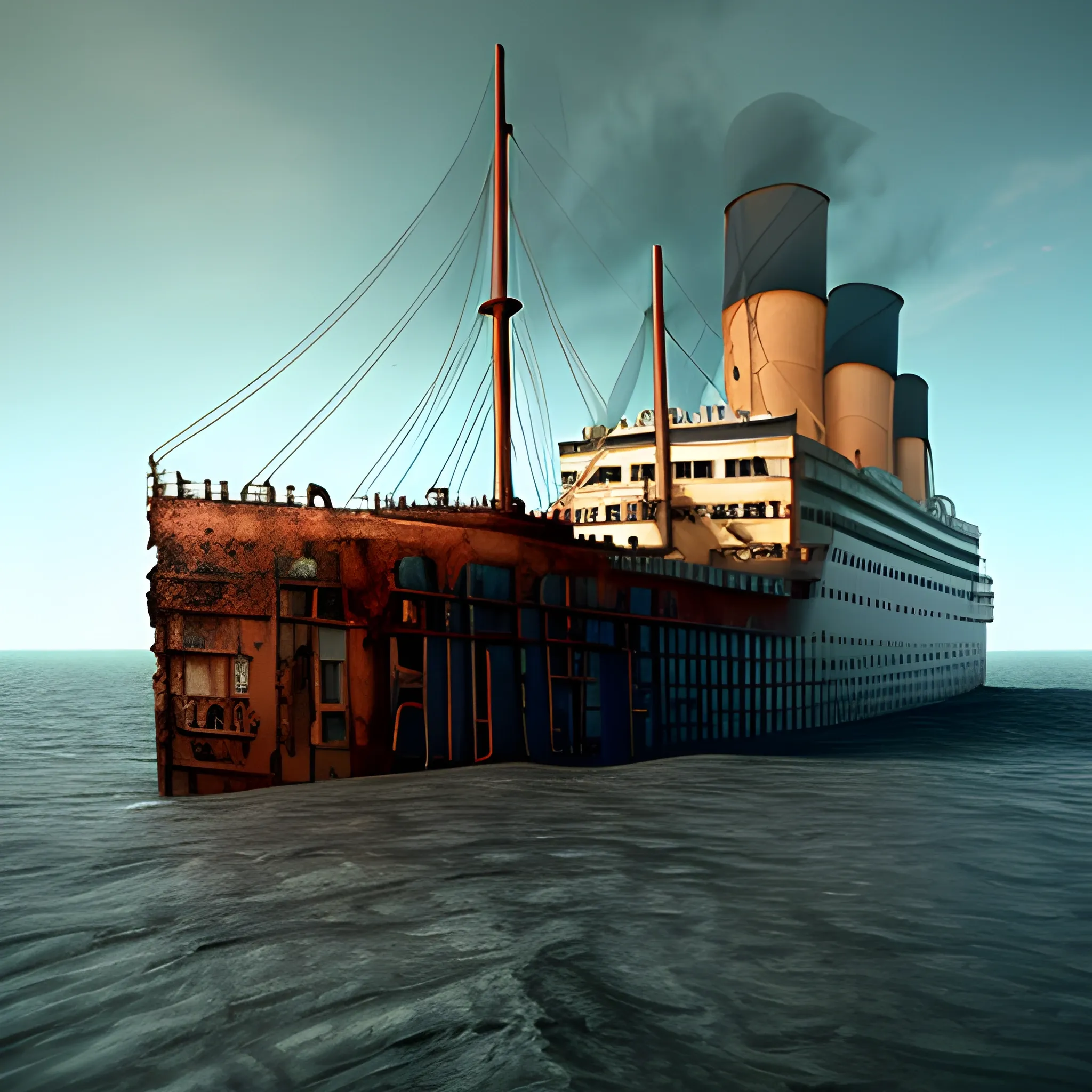 Titanic in ruins and rusted at the bottom of the sea, and remains of the ship buried at the bottom of the ocean, hyperrealistic., 3D