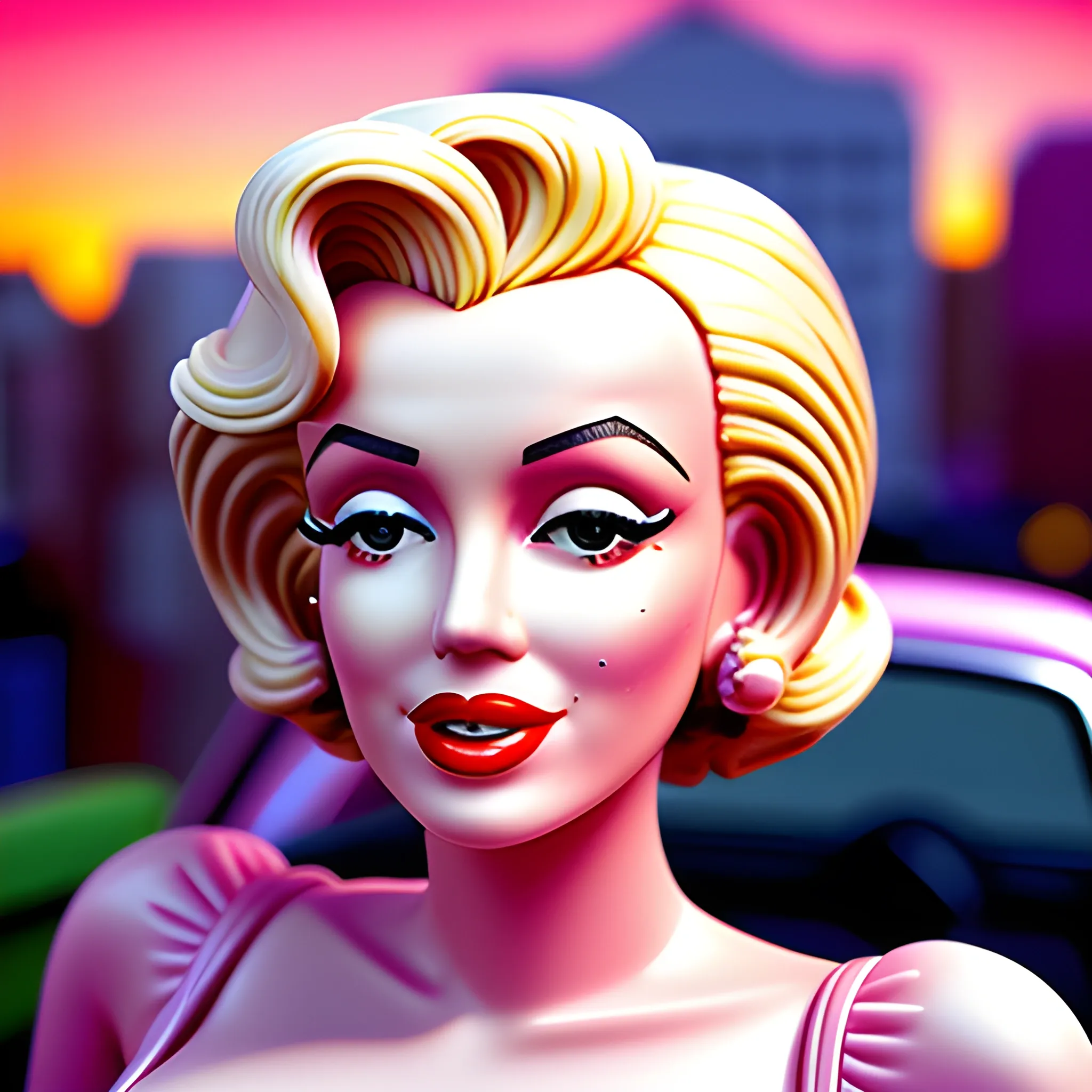 close-up portrait of plastic Marilyn Monroe, as a figurine, plastic skin, plastic hair, plastic cloths, in a plastic car, surrounded by beautiful plastic pink neighborhood, painted sunset. plastic texture, Inspired by Barbie movie, award winning design, soft light, dreamy atmosphere, childhood nostalgia, kitsch