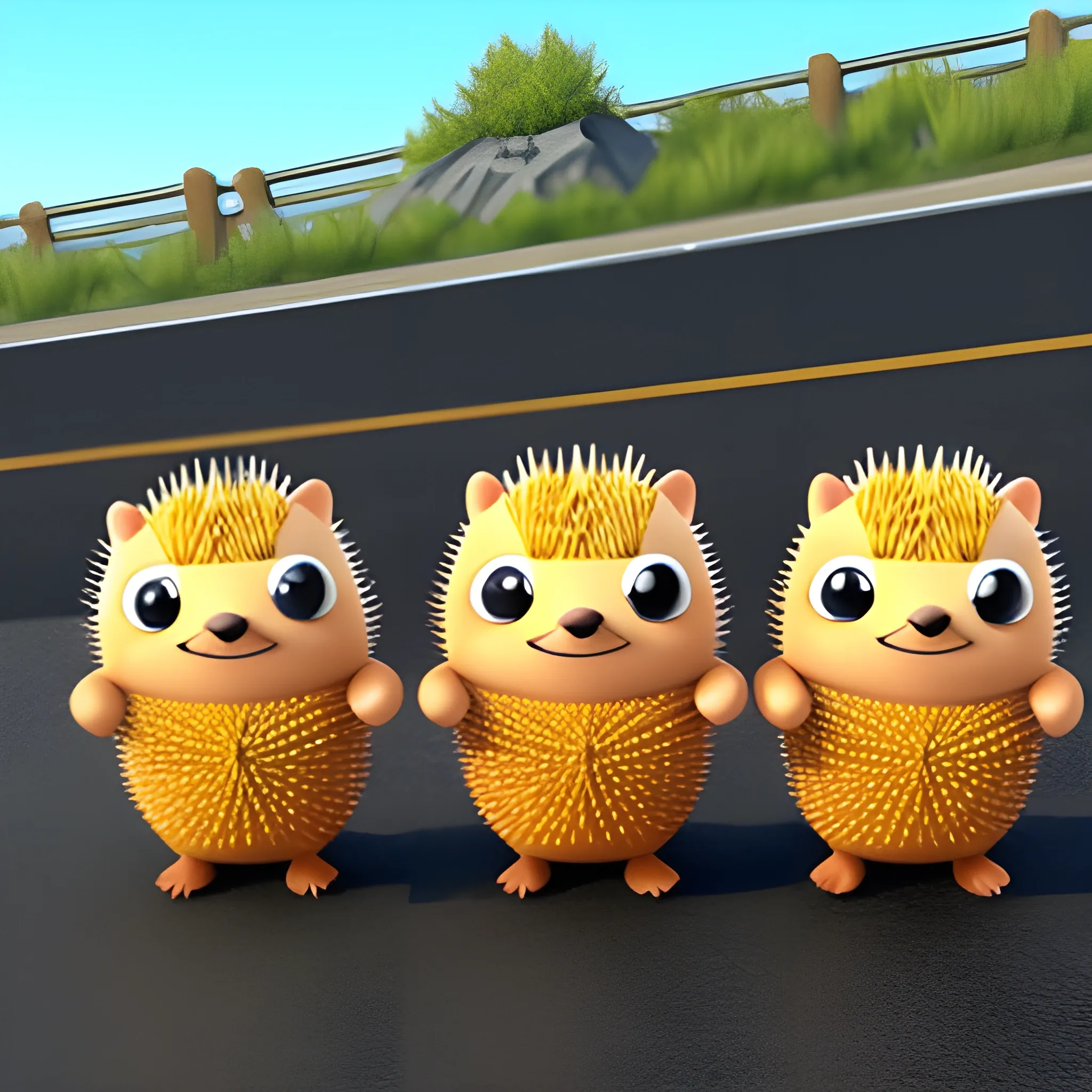 three adorable cute baby porcupines hitchhiking to New Hampshire, Cartoon, Cartoon, 3D, Pencil Sketch