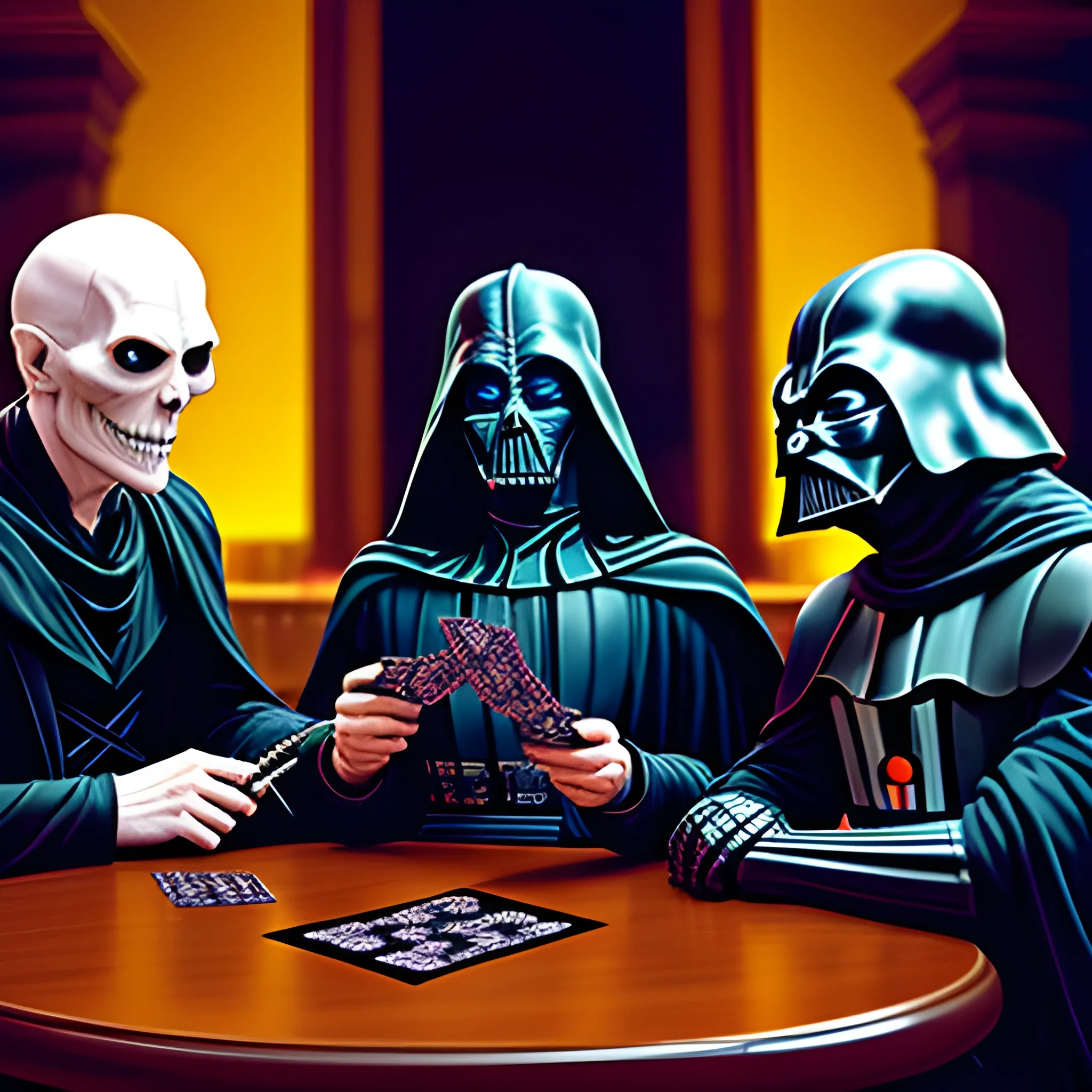 dark vader, lord voldemort and skeletor playing cards in a restaurant