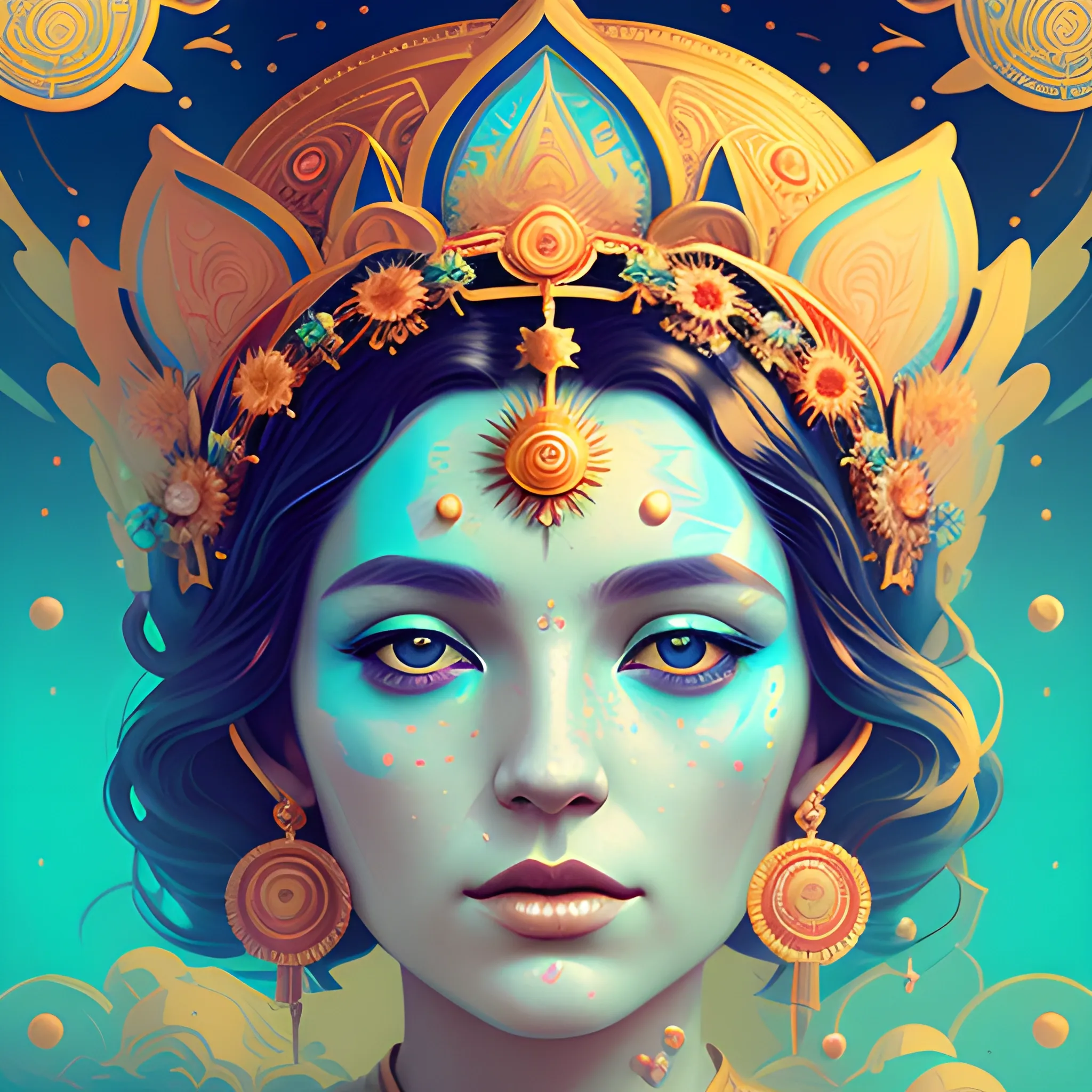 Flowery beautiful face empress or priestess  with gold jewellery, by petros afshar, ross tran, Tom Bagshaw, tom whalen, underwater bubbly psychedelic clouds, Anaglyph 3D lens blur effect