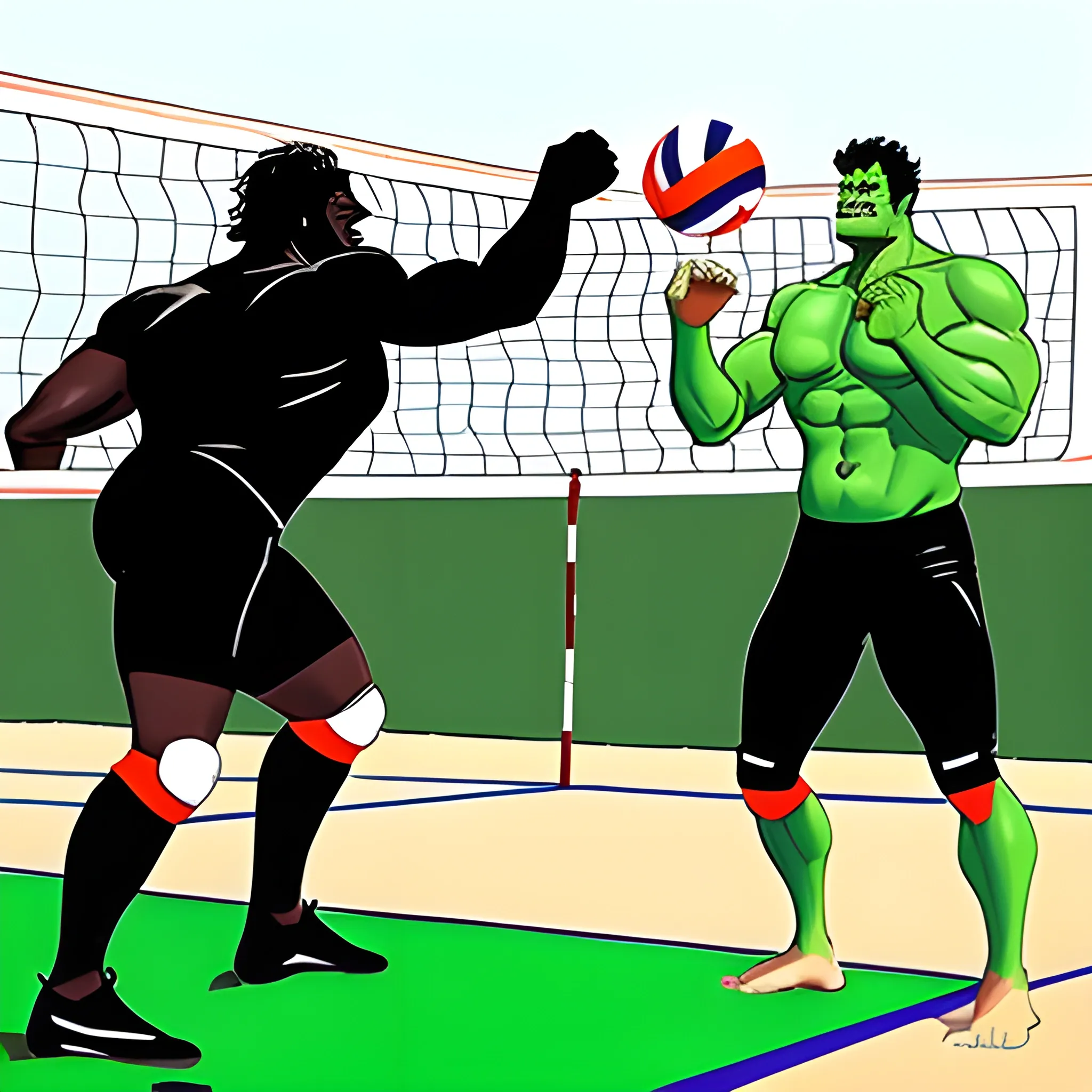 in a volleyball court, dark vader and hulk are playing volleyball near the volleyball net, a volley ball