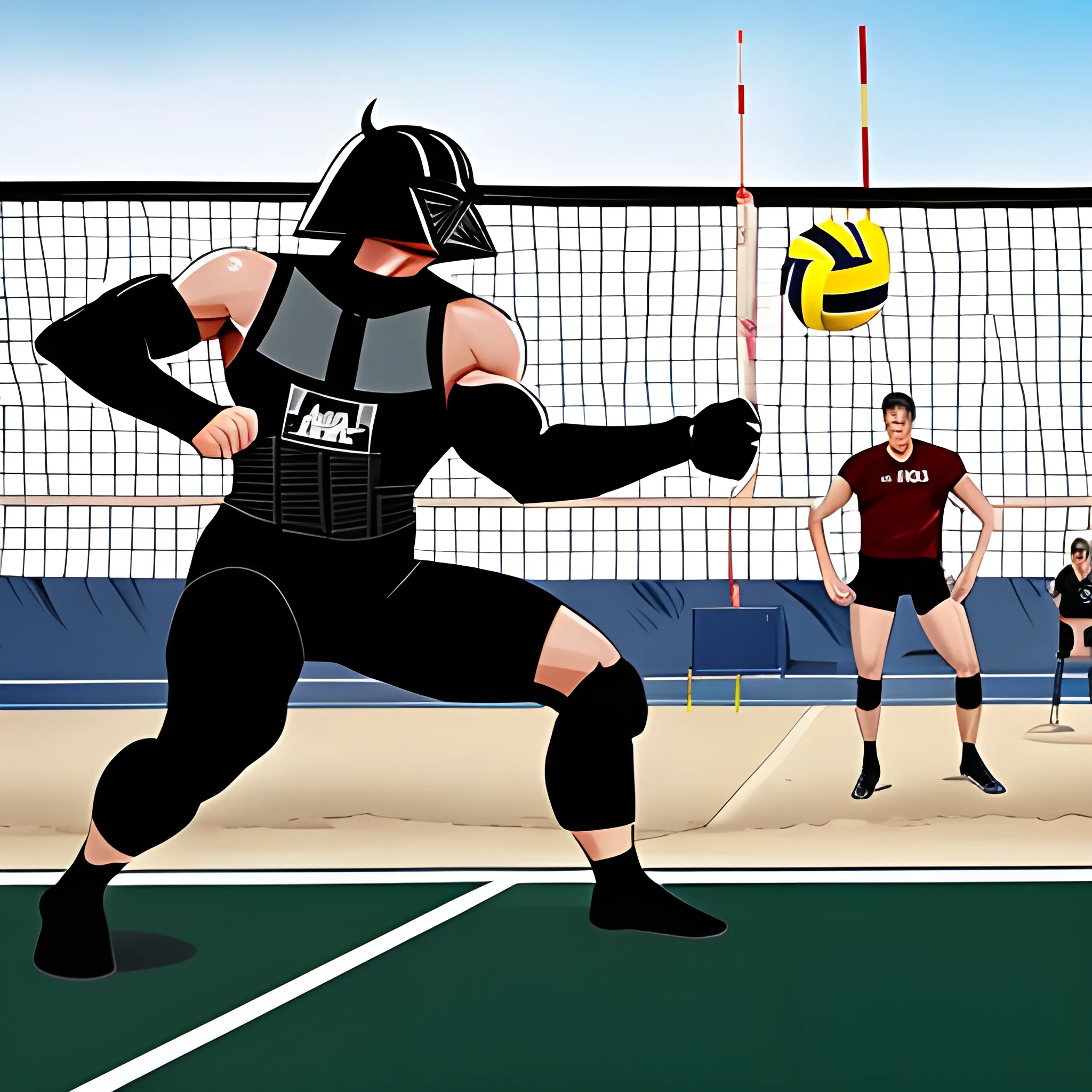 in a volleyball court, dark vader with his dark vader helmet and hulk are playing volleyball near the volleyball net, a volley ball