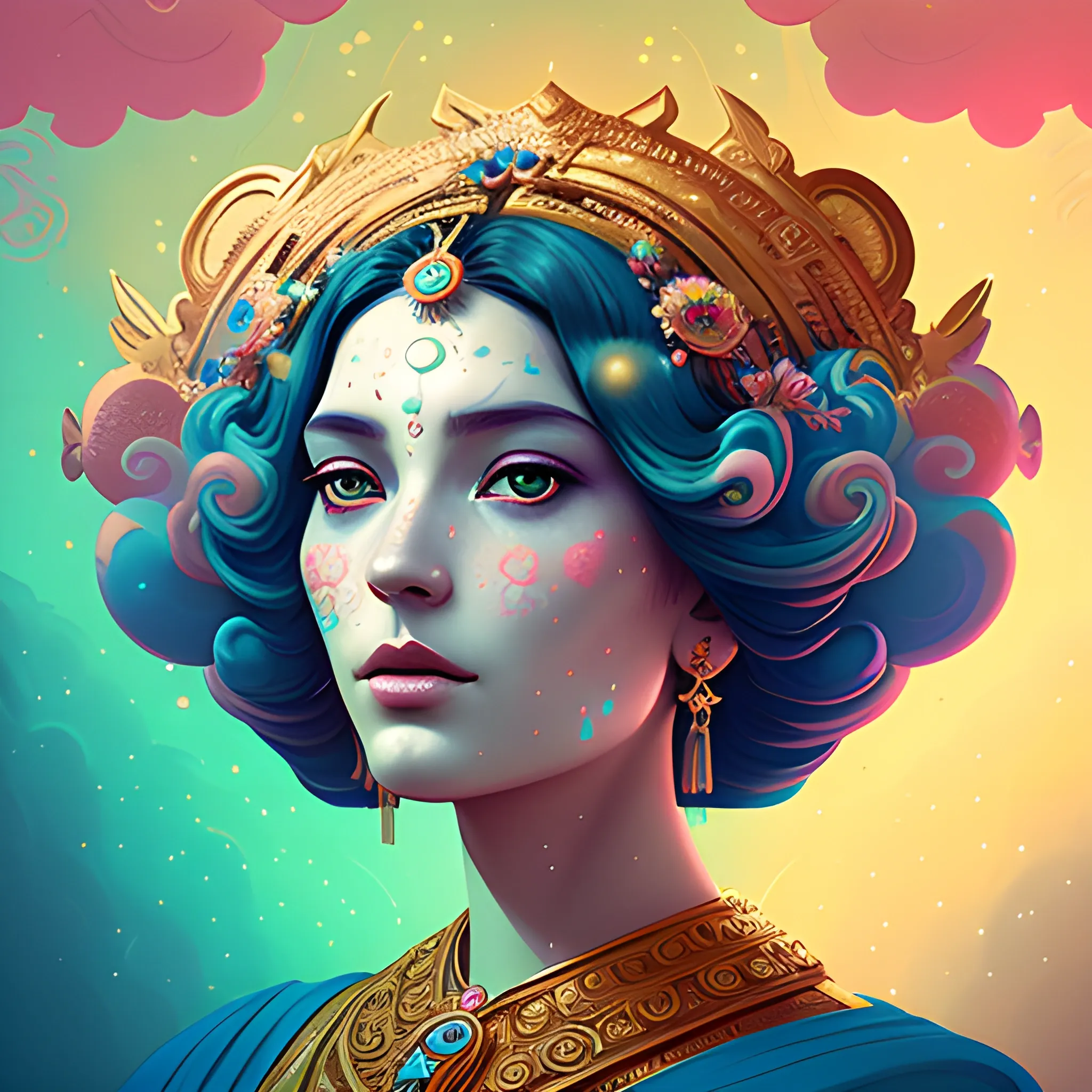 Flowery beautiful face empress or priestess  with gold jewellery, by petros afshar, ross tran, Tom Bagshaw, tom whalen, underwater bubbly psychedelic clouds, Anaglyph 3D lens blur effect