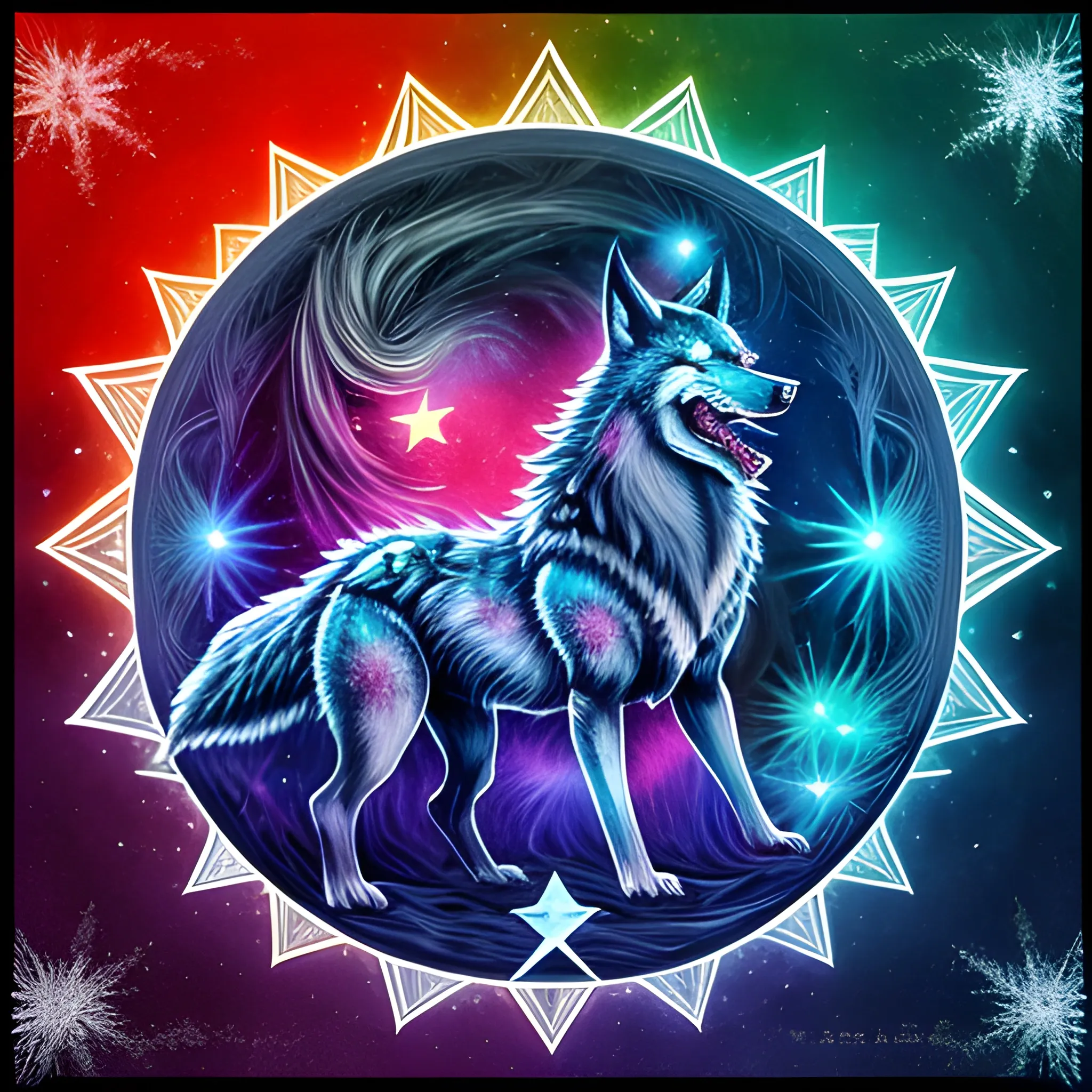 a Fenrir wolf which is composed of a star centered on his chest and is made of cold colors and which has a fearsome look, Cartoon