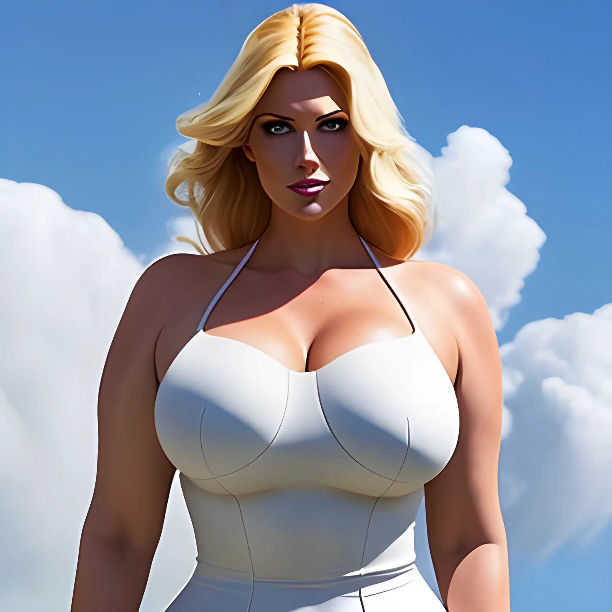 very  tall robust curvy blonde girl standing under
clouds 