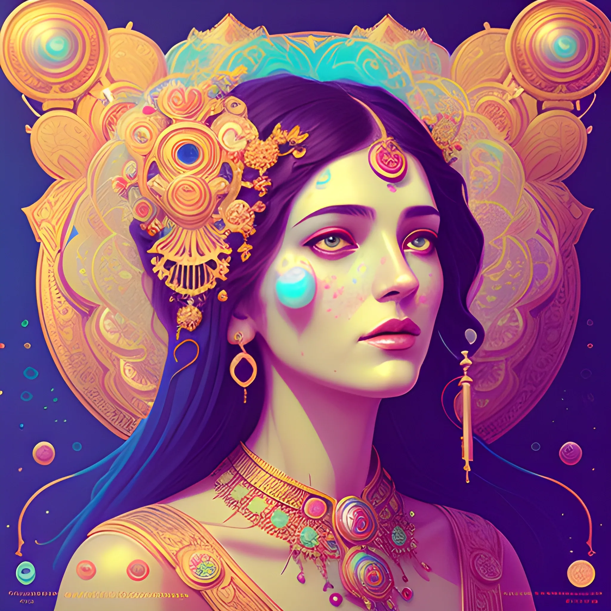 Flowery beautiful face empress or priestess with gold jewellery ...