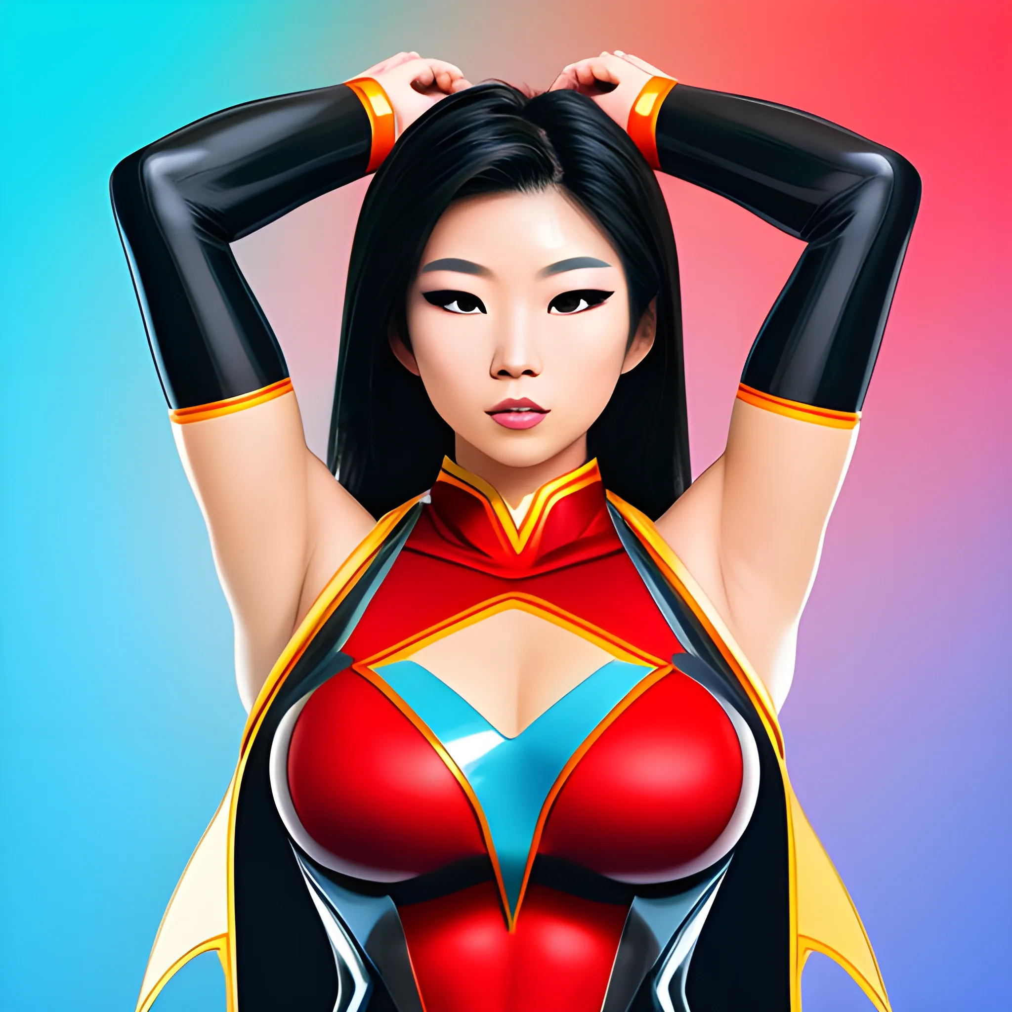beautiful female asian superhero in bmw colors