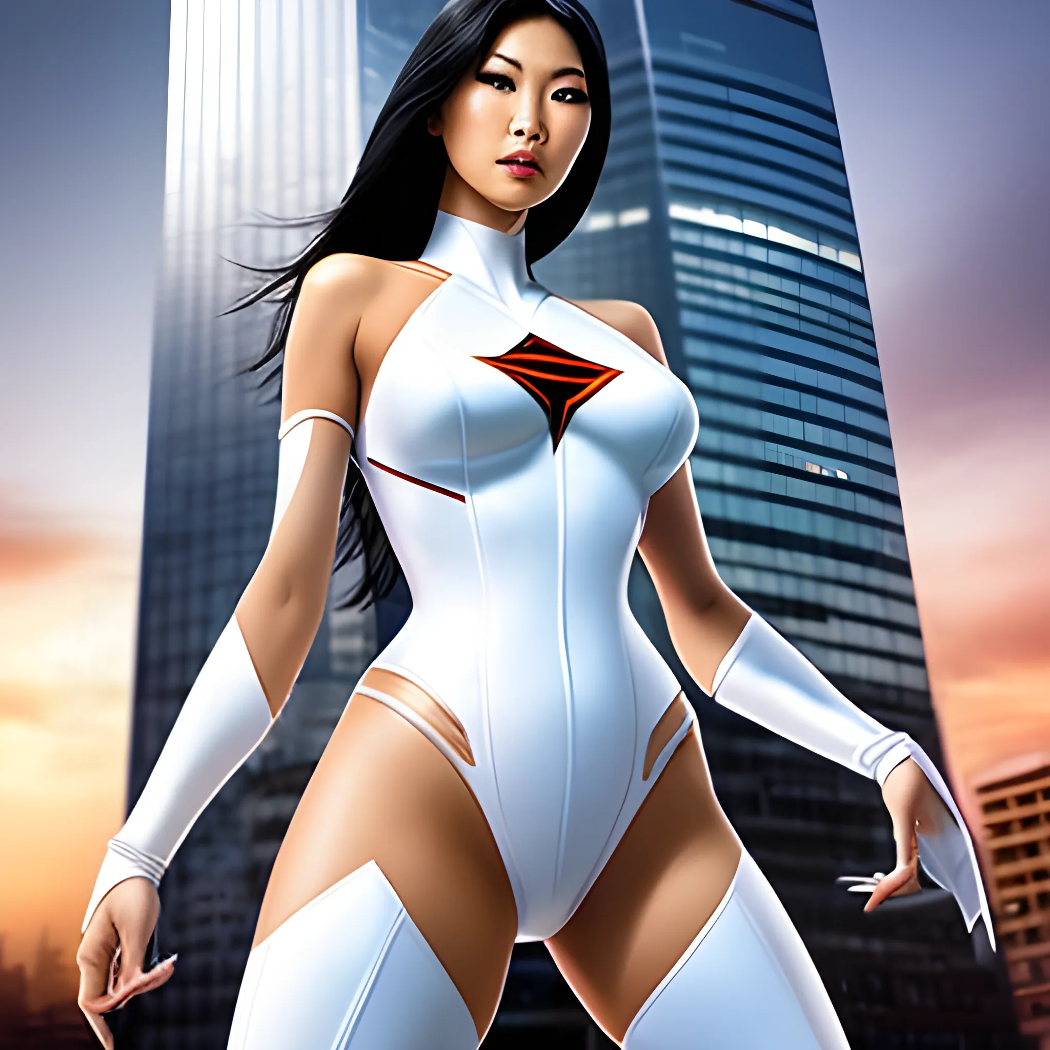 tall beautiful female asian superhero in white