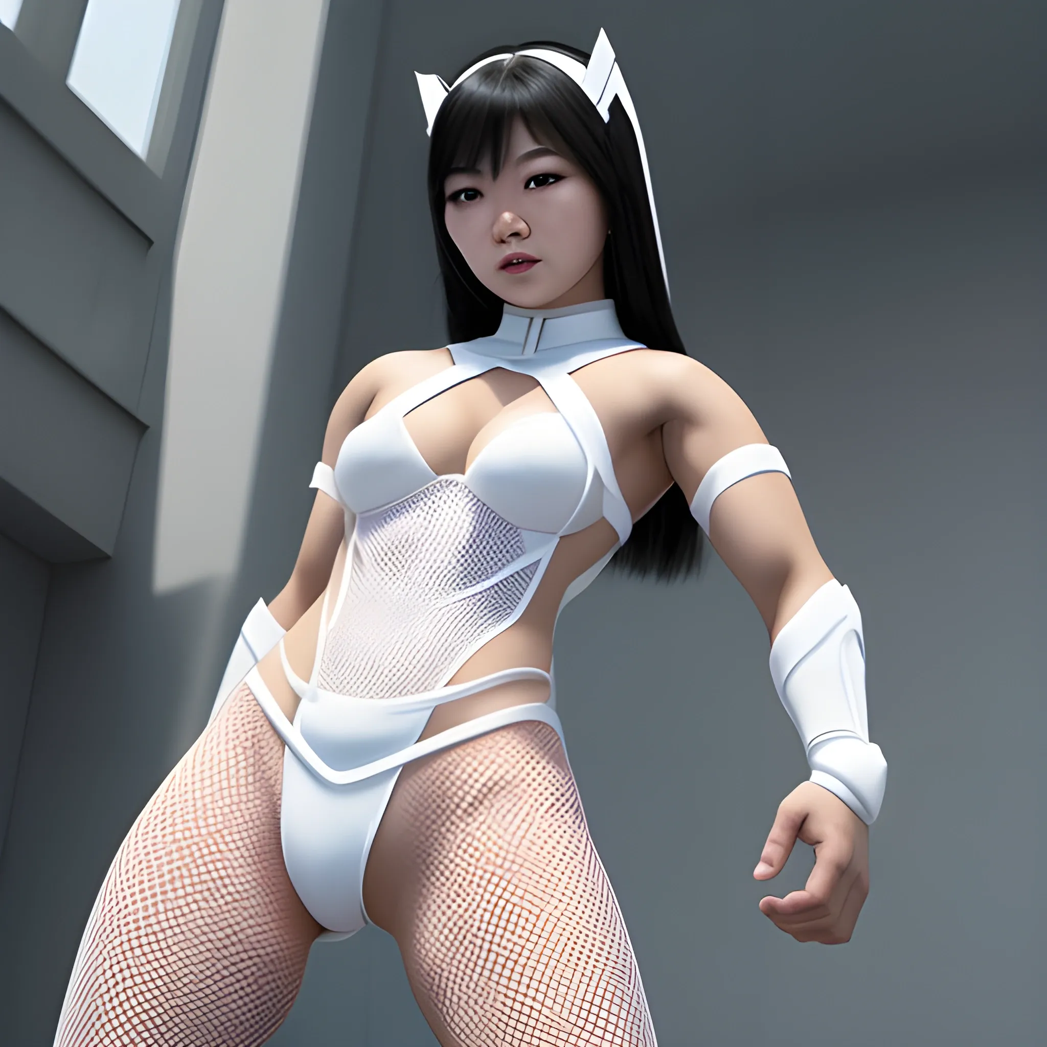 real life asian female superhero in white mesh