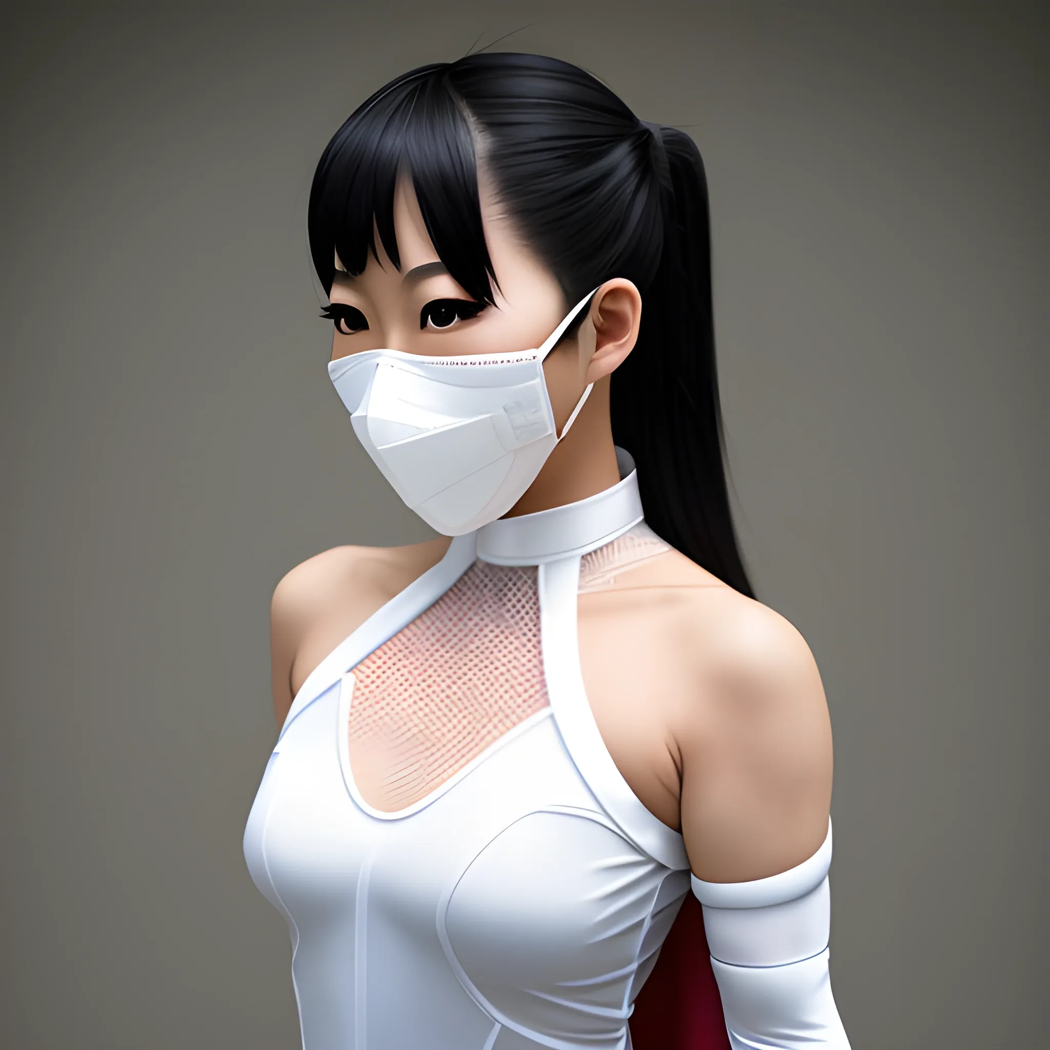 real life asian female superhero in white mesh with mask