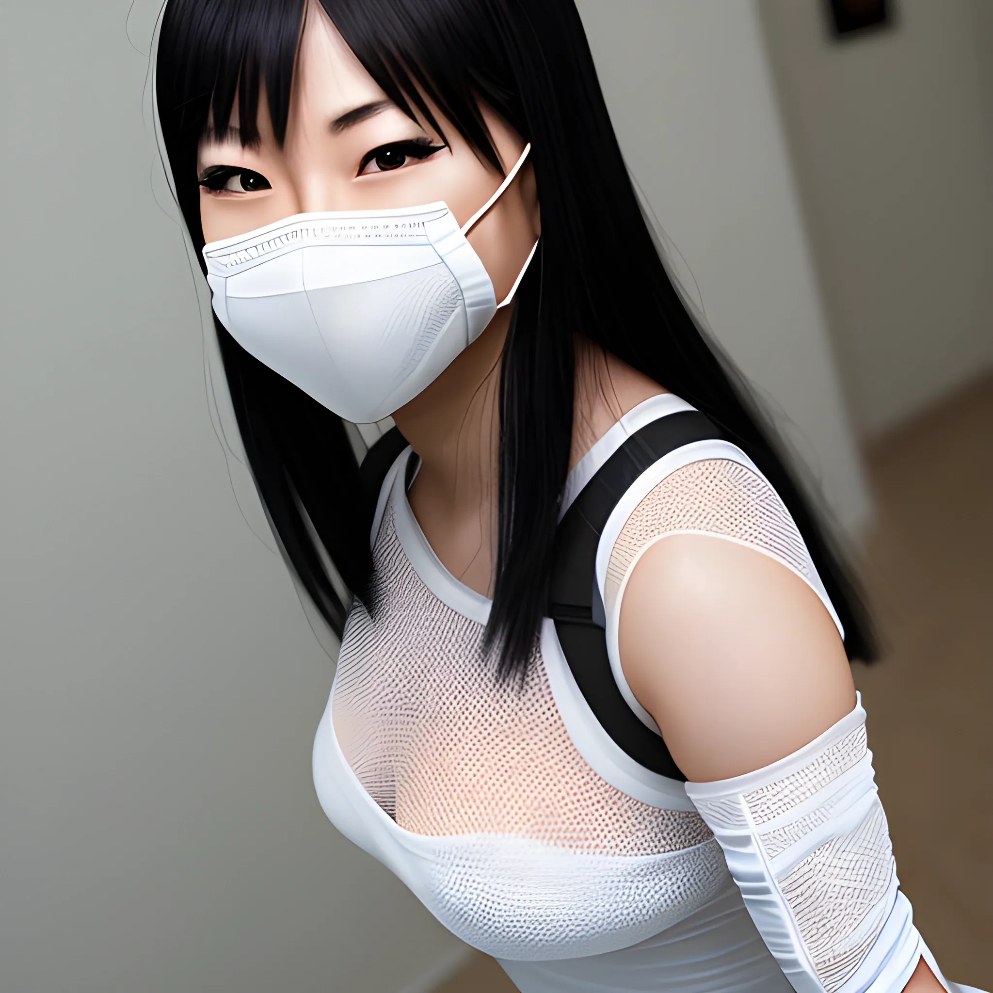 real life asian female superhero in white mesh wearing a mask