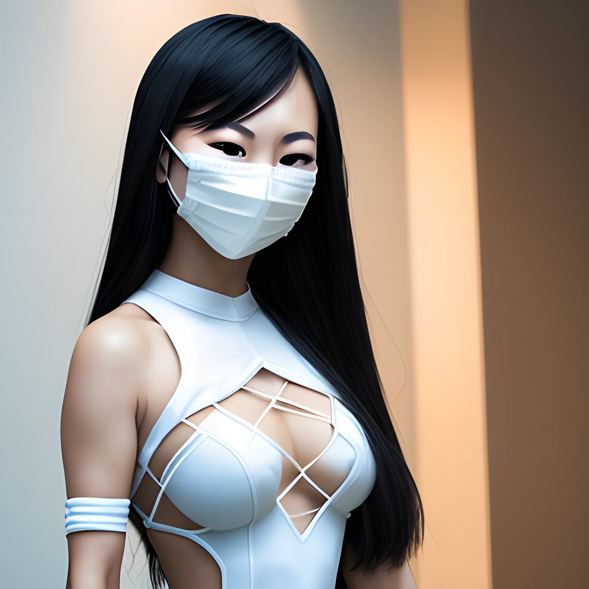 real life asian female superhero in white mesh wearing a mask