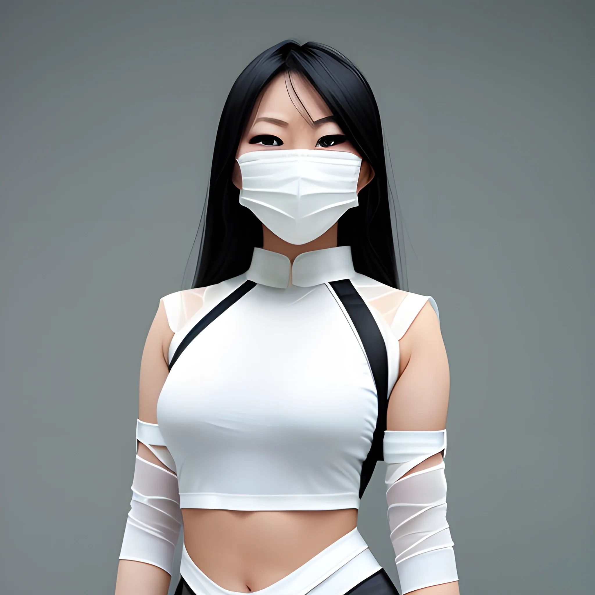 real life asian female superhero in white mesh wearing a mask