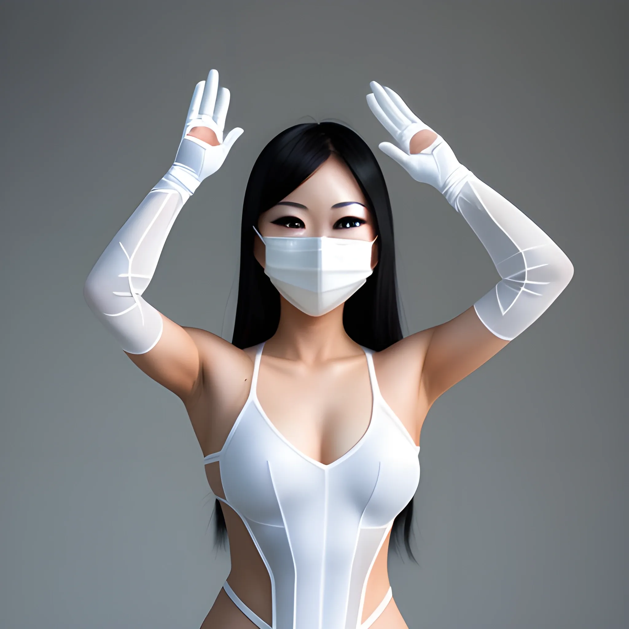 real life asian female superhero in white mesh wearing a mask