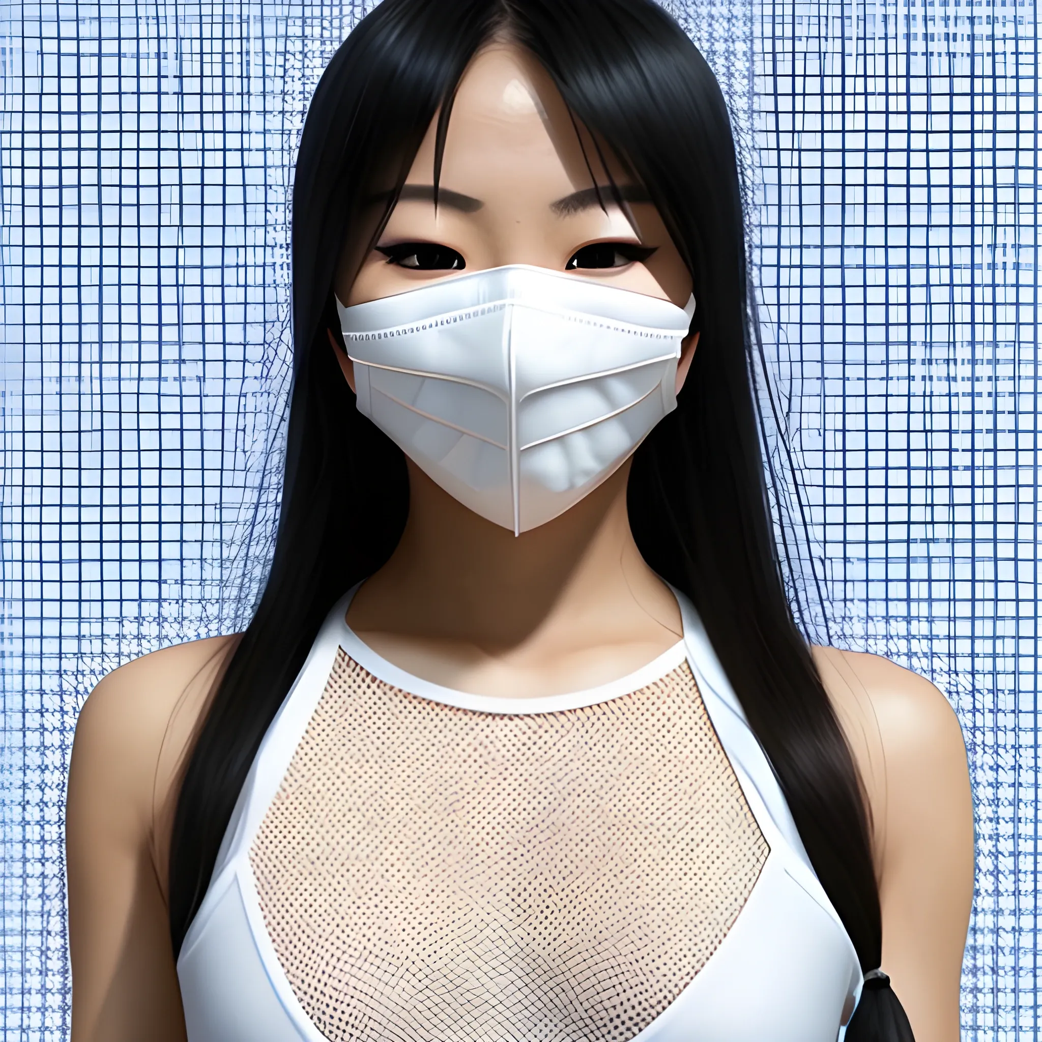 real life asian female superhero in white mesh wearing a mask