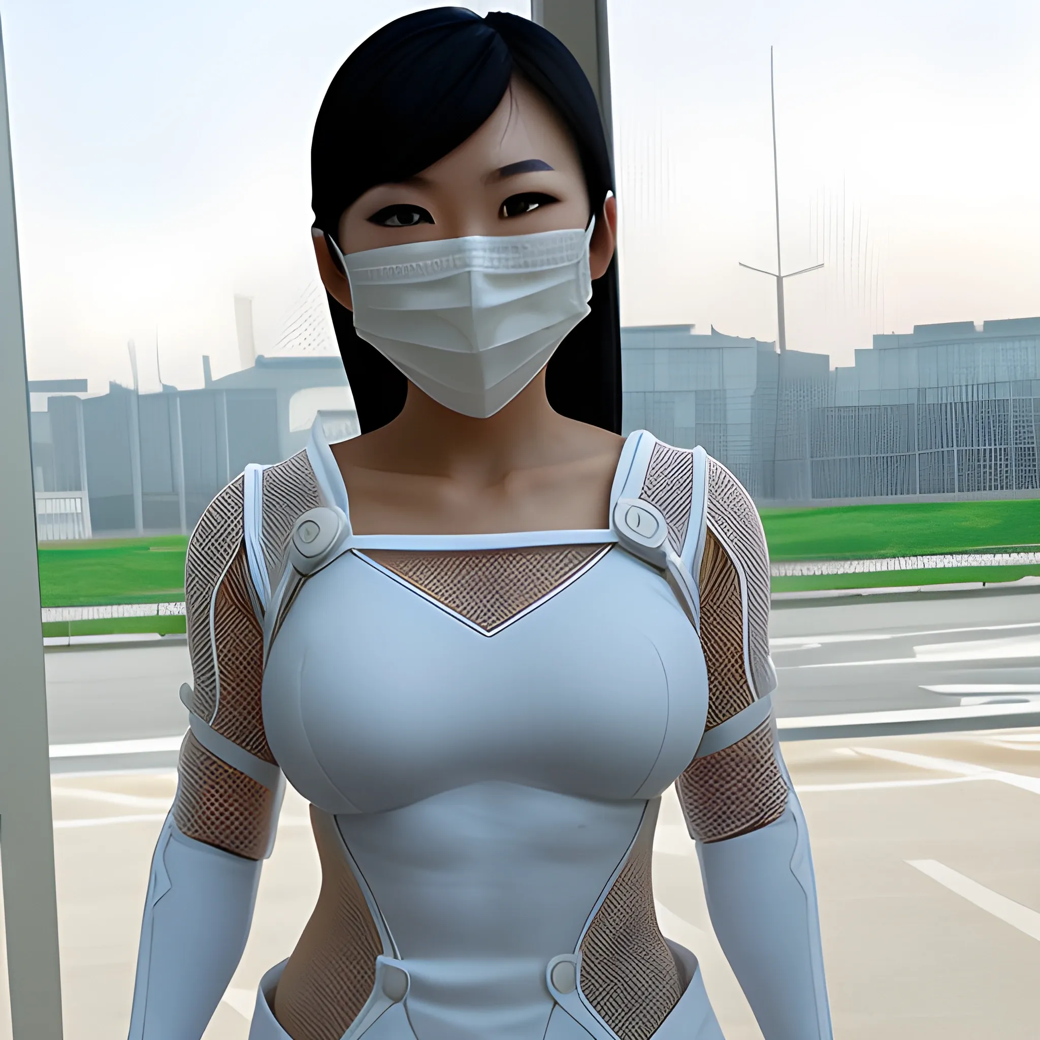 real life asian female superhero in white mesh wearing a mask