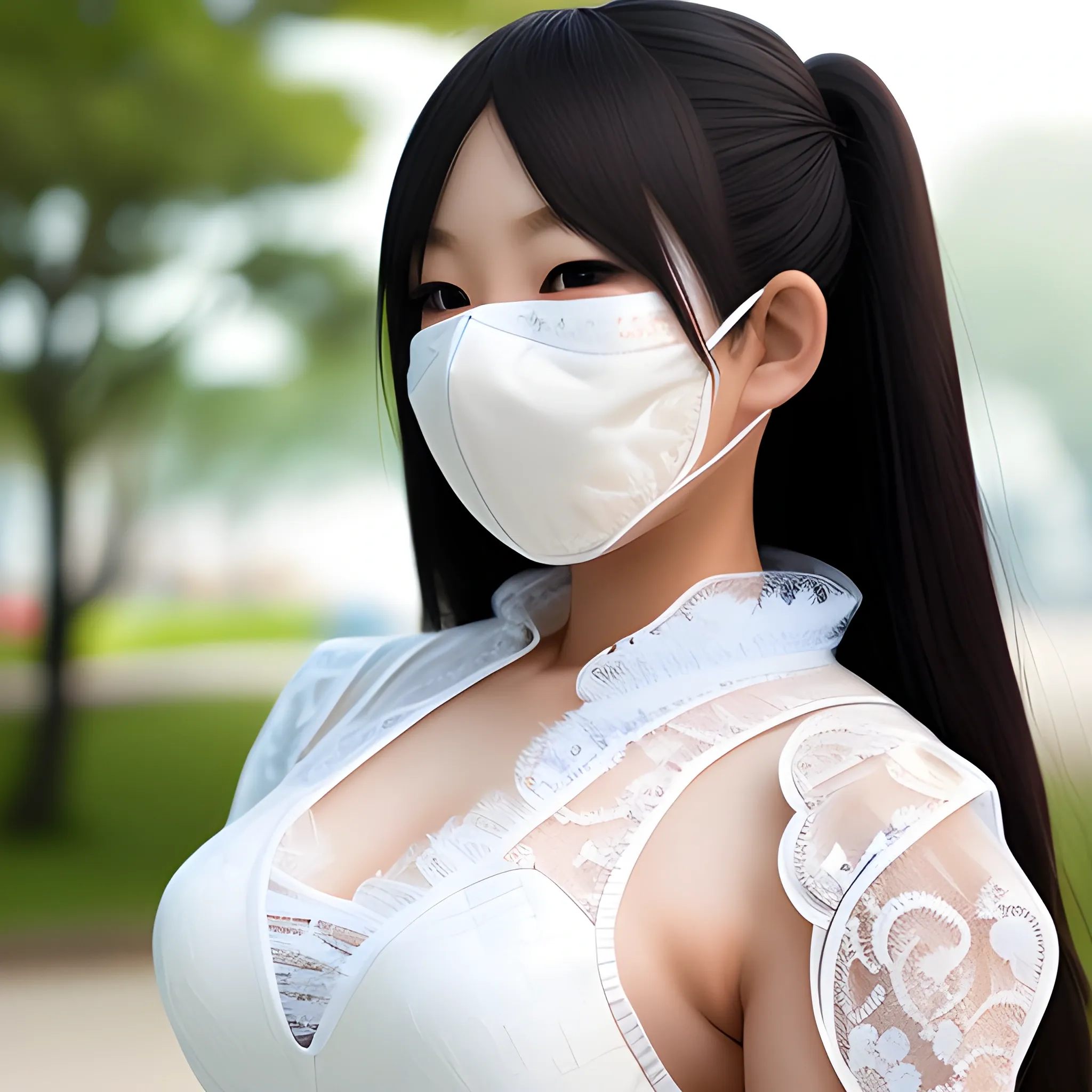 real life asian female superhero in white lace wearing a mask