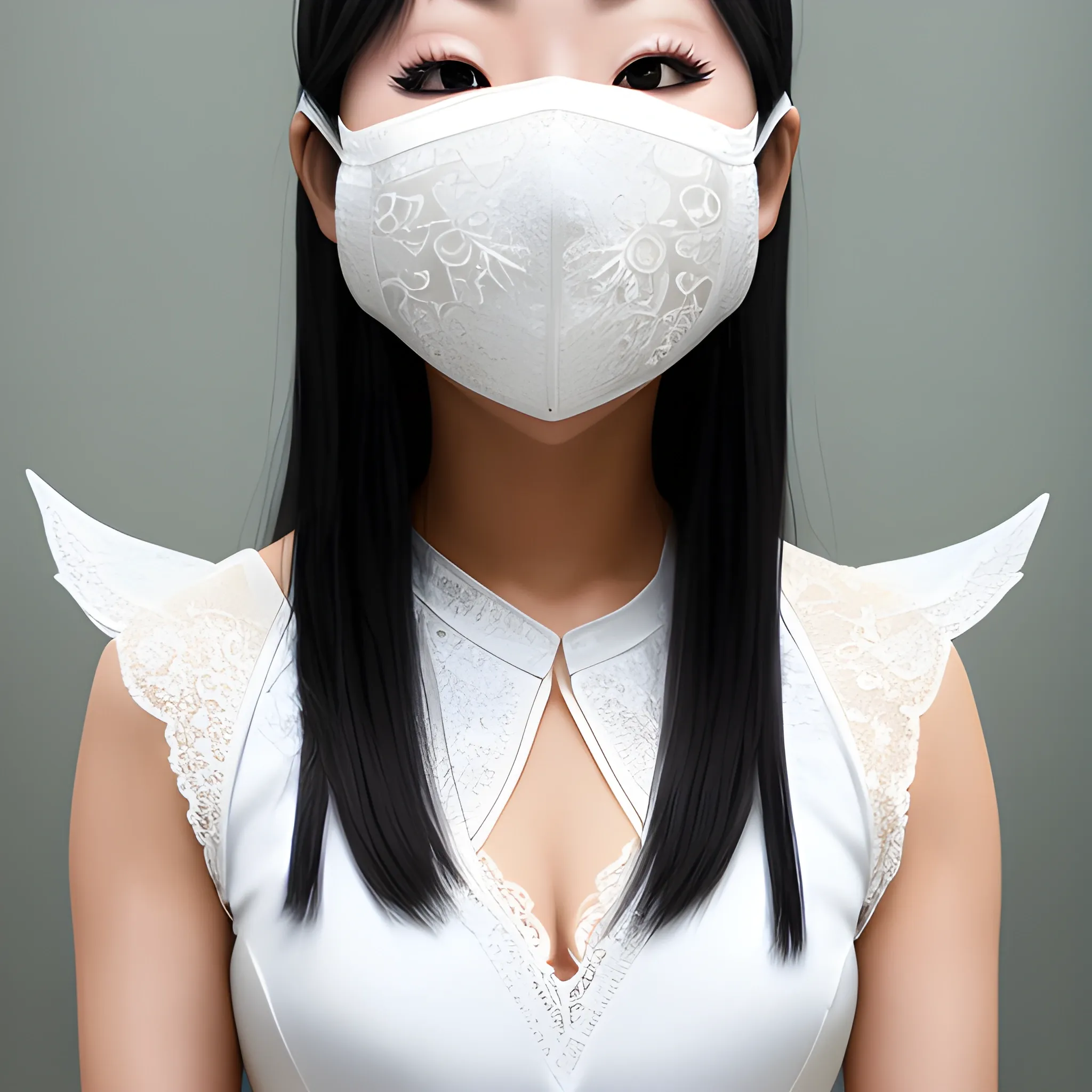 real life asian female superhero in white lace wearing a mask