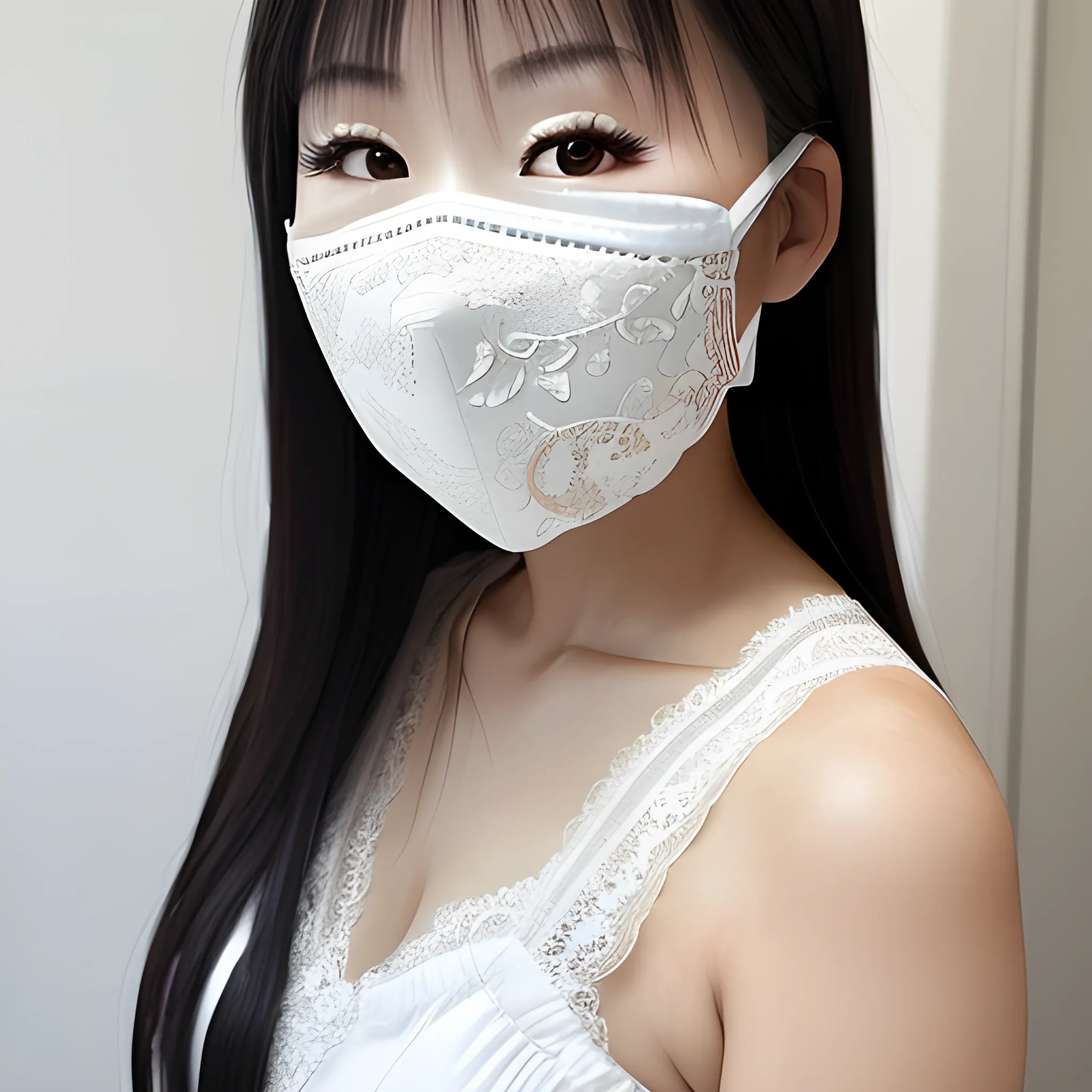 real life asian female in white lace wearing a mask