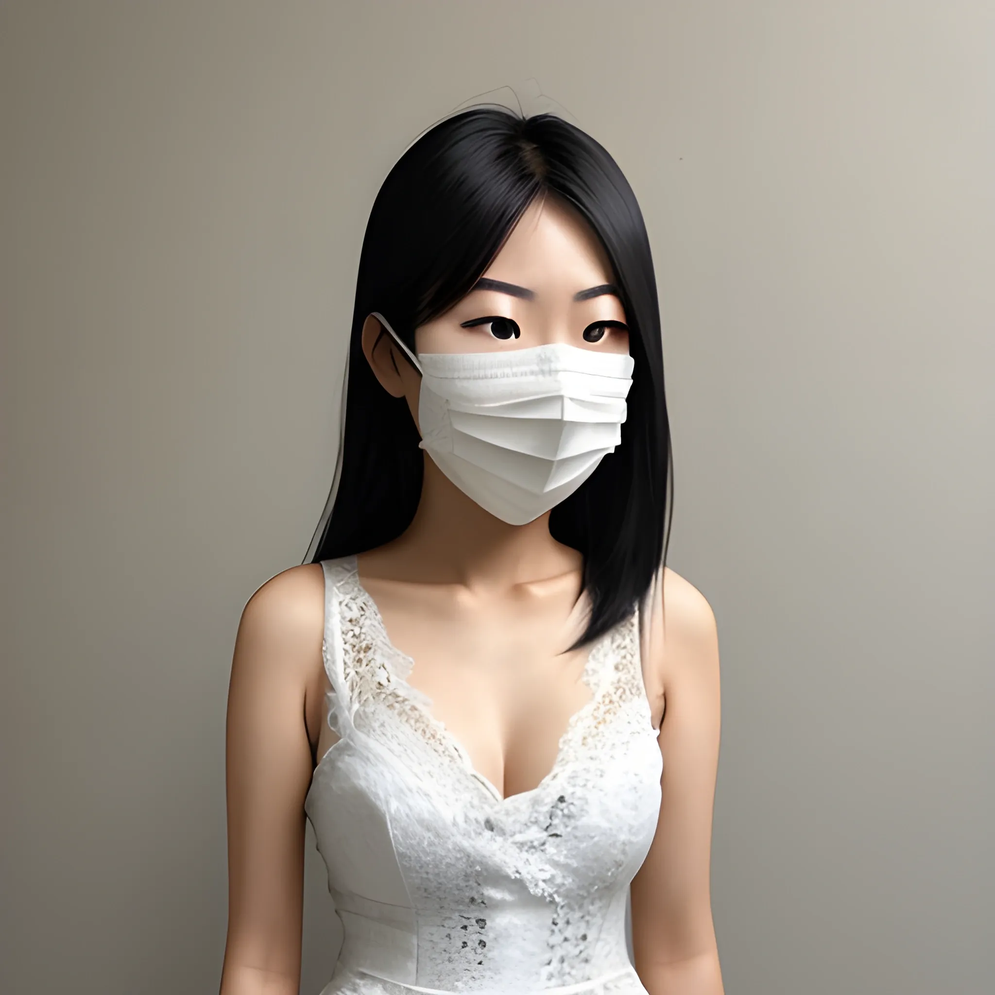 real life asian female in white lace wearing a mask