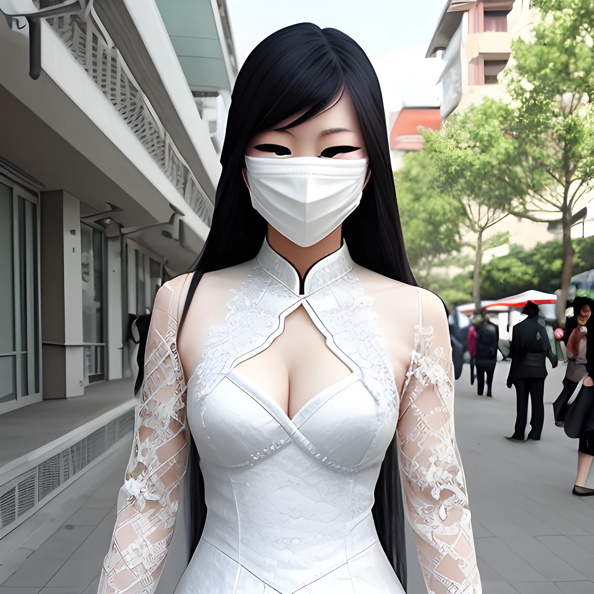 real life asian female marvel character in white lace wearing a mask