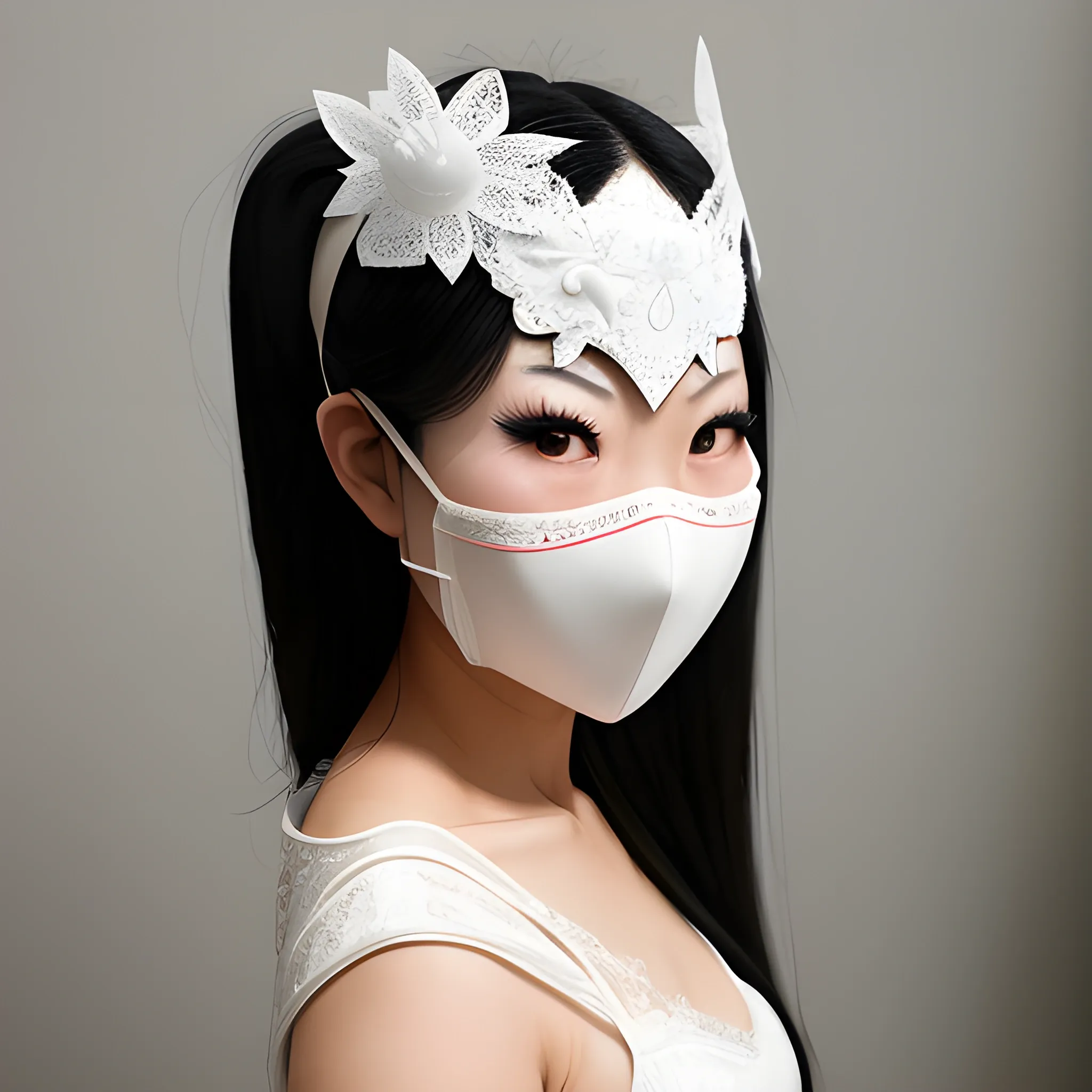 real life asian female marvel character in white lace wearing a mask