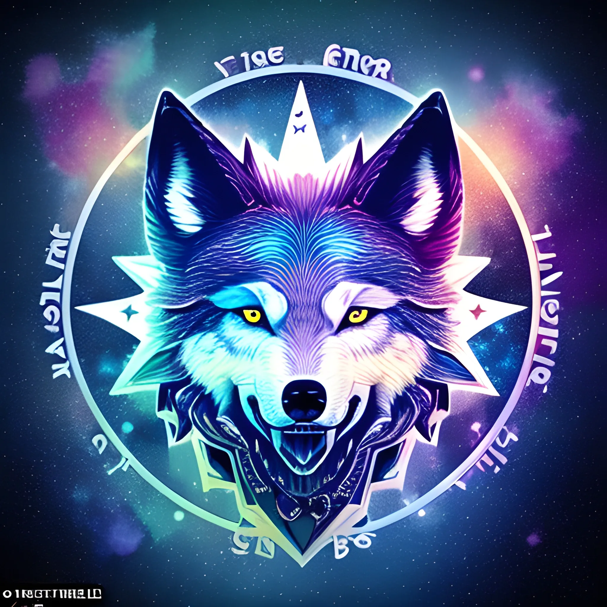 a Fenrir wolf which is made up of a star centered on his chest and has cold colors and also the type of letters has the word "Rockstars" at the bottom of the image, 3D