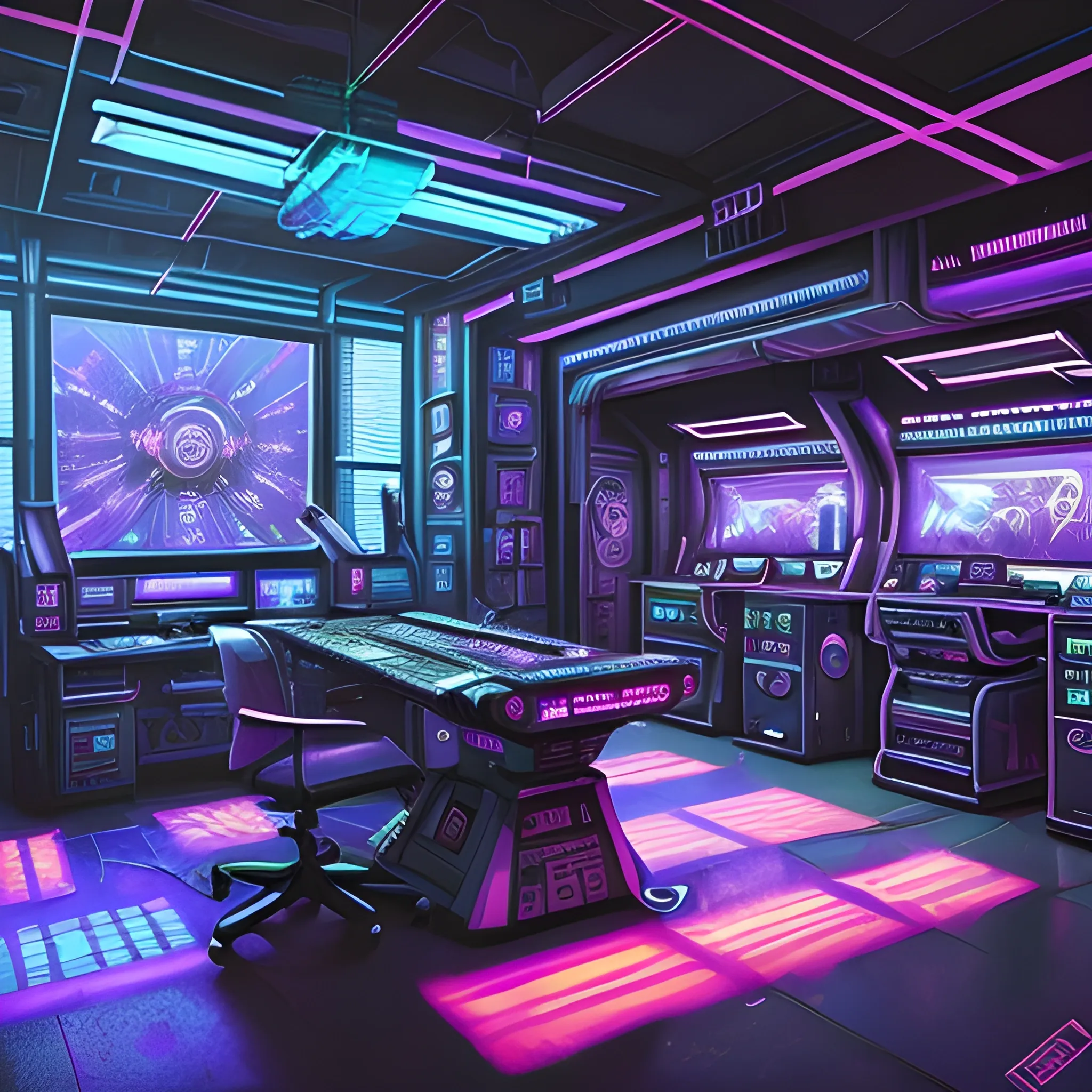 A cyberpunk-inspired digital illustration of a computer room, surrounded by gaming equipment. The camera angle is a medium shot. The lighting is warm and atmospheric, with rays of sunlight streaming through stained glass windows, casting vibrant colors and ((shadows)) across the room. The style combines elements of cyberpunk, resembling the works of Jules Verne and H.R. Giger. The image is detailed and intricate,  of the cyberpunk world. It is a visually stunning artwork that captures the imagination, purple, blue, , Oil Painting, Water Color