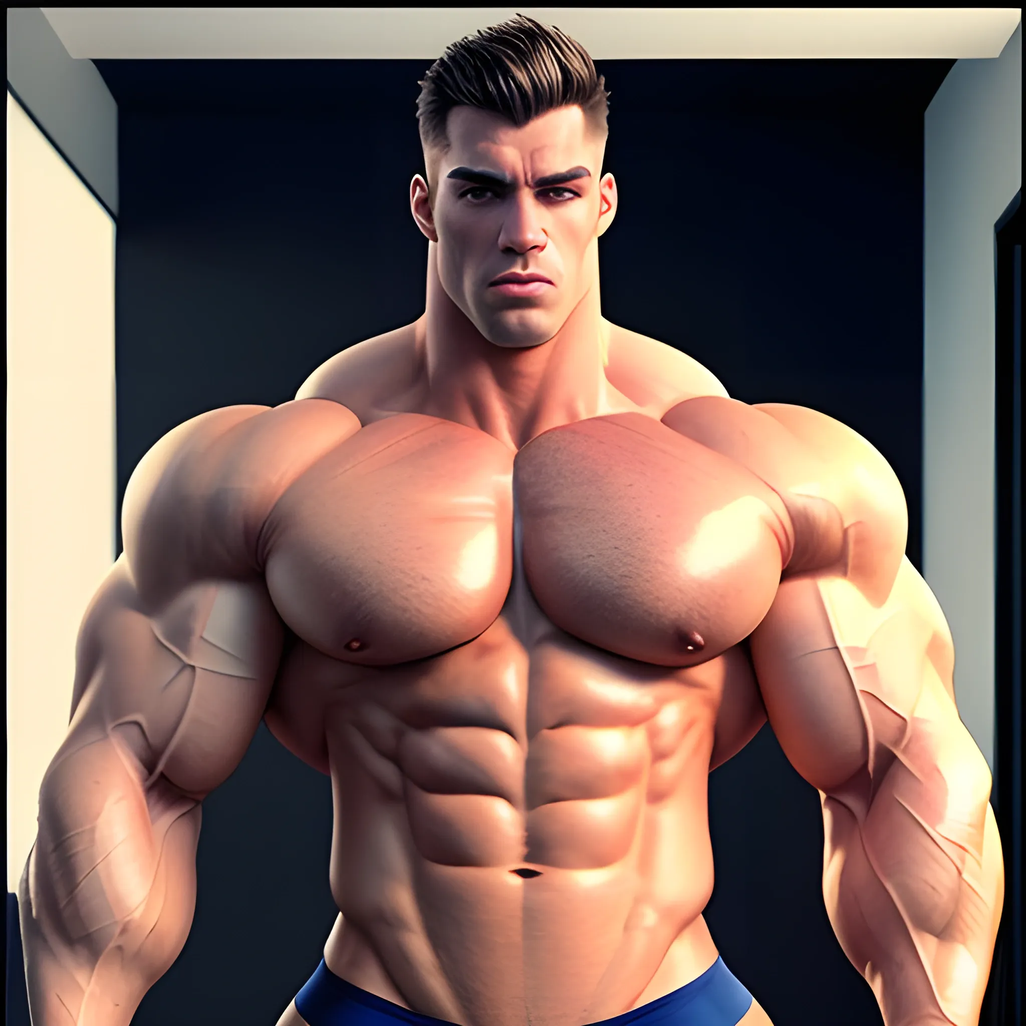 3D hot bodybuilder with massive huge, big man boobs wearing a
