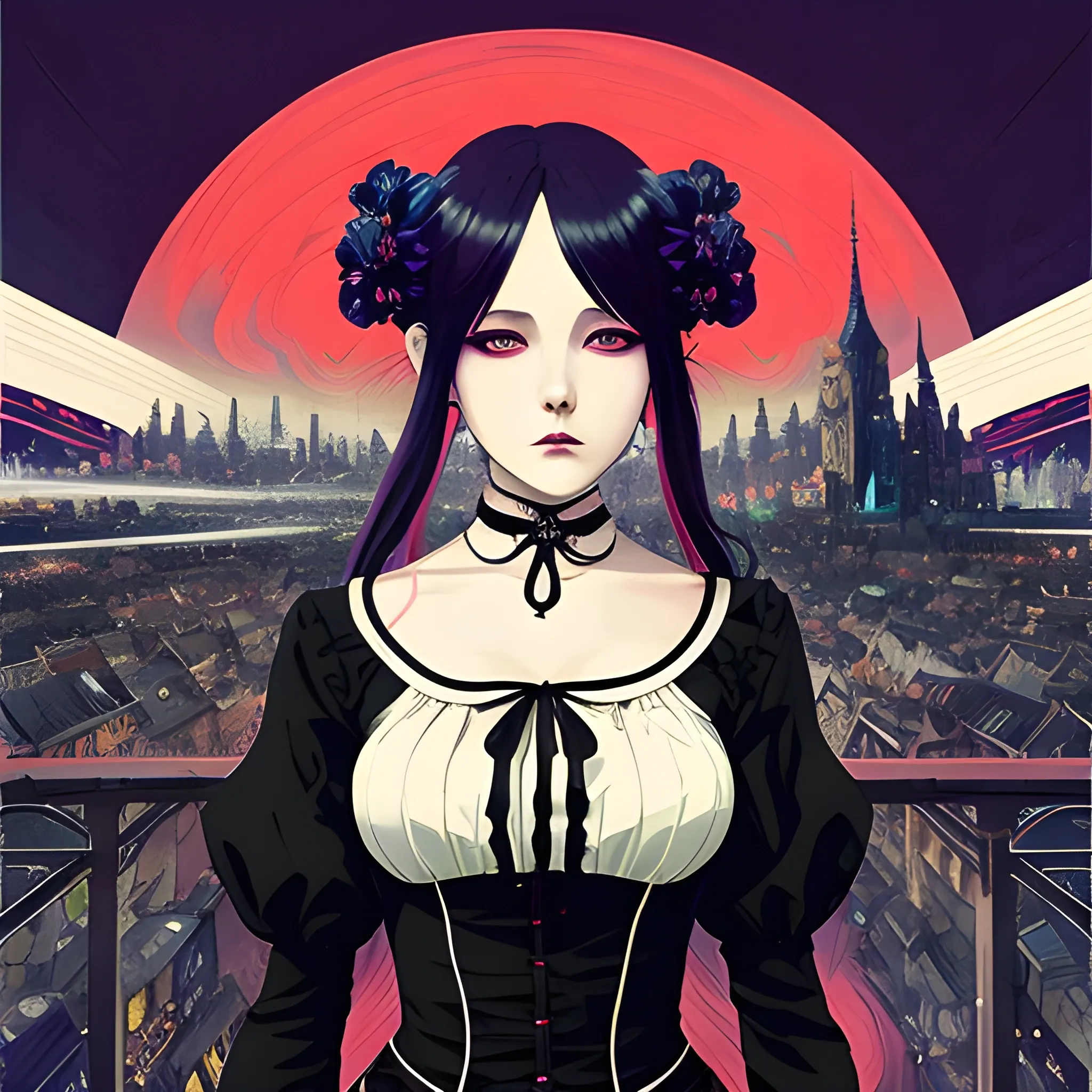 An image of a woman wearing choker in a manga art, anime style character style Art Nouveau painting, red and sillver colors,  true aesthetics, gothic fashion shot of a beautiful korean woman posing in front of a psychedelic art nouveau style. gothic style korean female, full figure, fit, ellegant tight white shirts, ties, miniskirts,  legs,  choker, long hair, classy,  beautiful faces, manga eyes, open mouth, postapocaliptic city in the background, dark night, art by Greg Rutkowski, acrylic, high contrast, colorful polychromatic, ultra detailed, ultra quality, CGSocietyHighly detailed, highest quality
