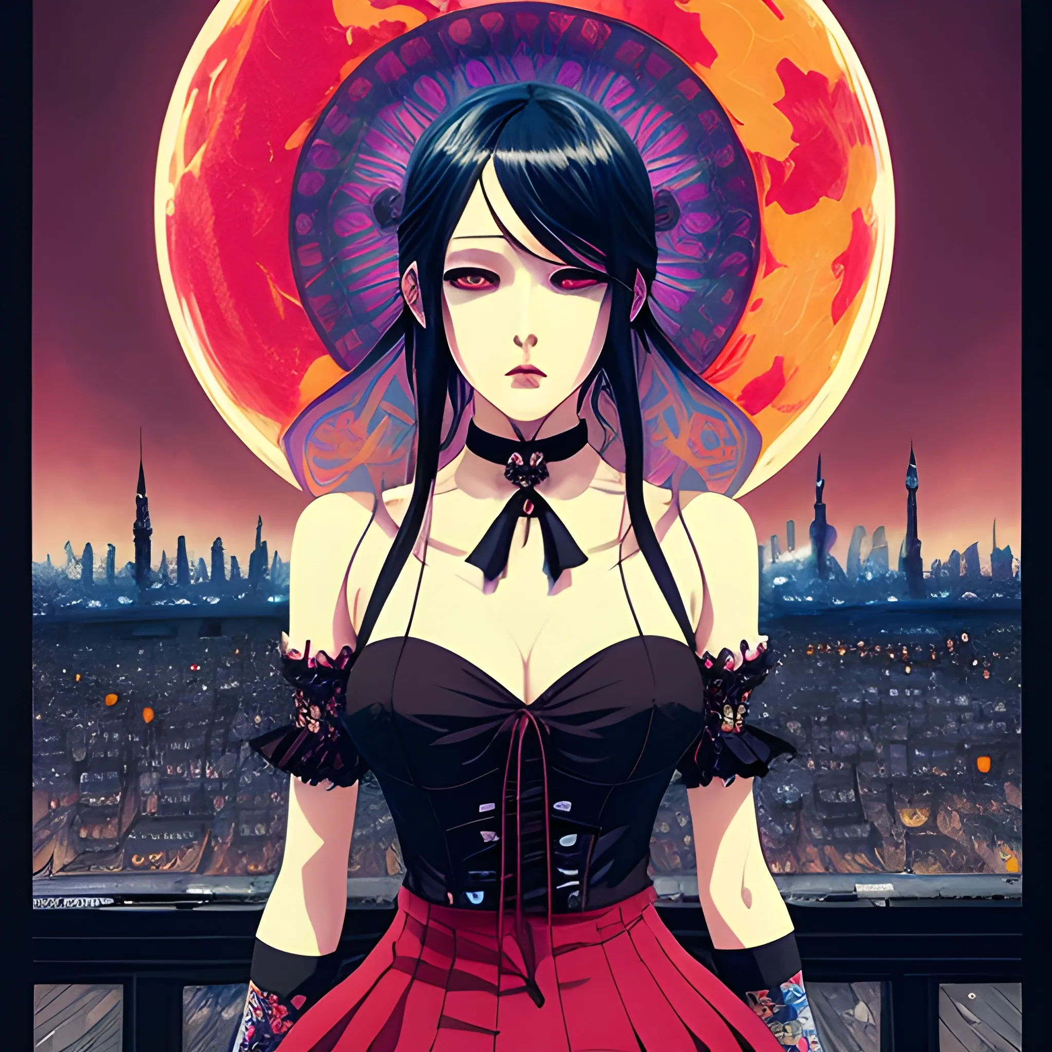 An image of a woman wearing choker in a manga art, anime style character style Art Nouveau painting, red and sillver colors,  true aesthetics, gothic fashion shot of a beautiful korean woman posing in front of a psychedelic art nouveau style. gothic style korean female, full figure, fit, ellegant tight white shirts, ties, miniskirts,  legs,  choker, long hair, classy,  beautiful faces, manga eyes, open mouth, postapocaliptic city in the background, dark night, art by Greg Rutkowski, acrylic, high contrast, colorful polychromatic, ultra detailed, ultra quality, CGSocietyHighly detailed, highest quality