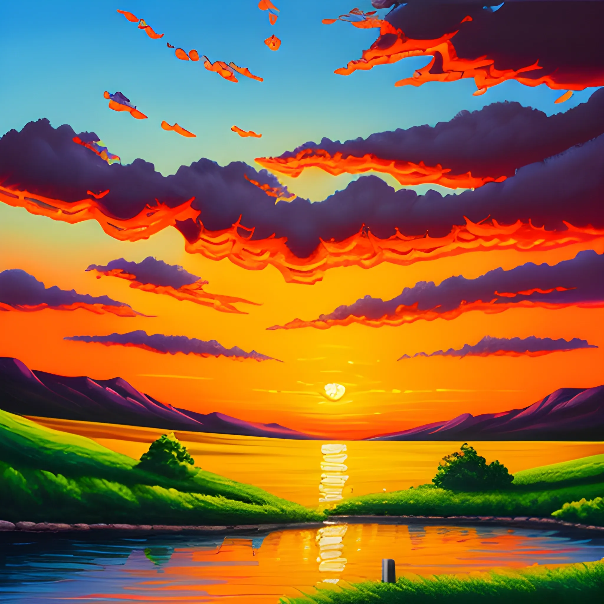 Sunset landscape painting, oil painting style, Cartoon