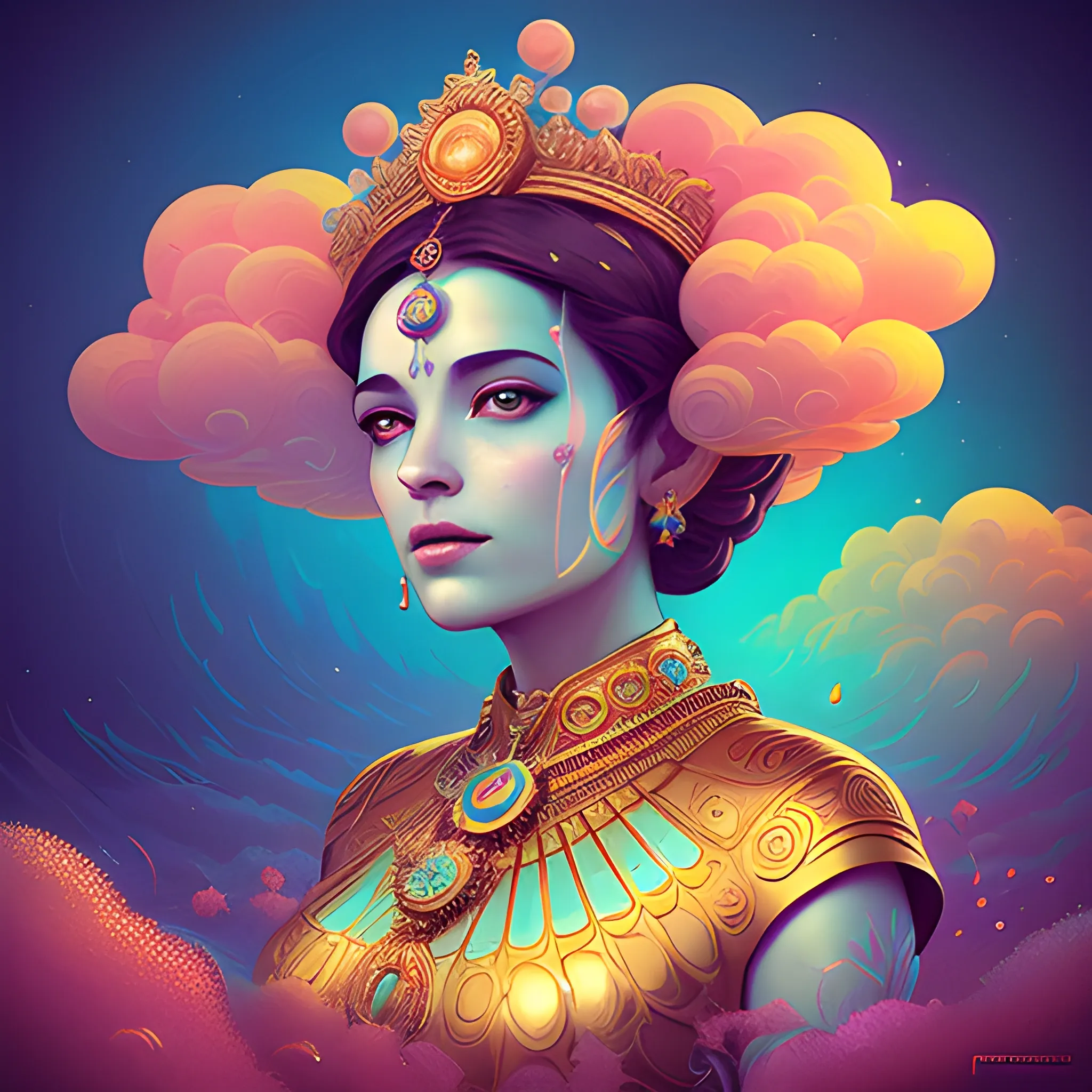 Flowery beautiful face divine feminine empress or priestess with gold jewellery, by petros afshar, ross tran, Tom Bagshaw, tom whalen, underwater bubbly psychedelic clouds, Anaglyph 3D lens blur effect