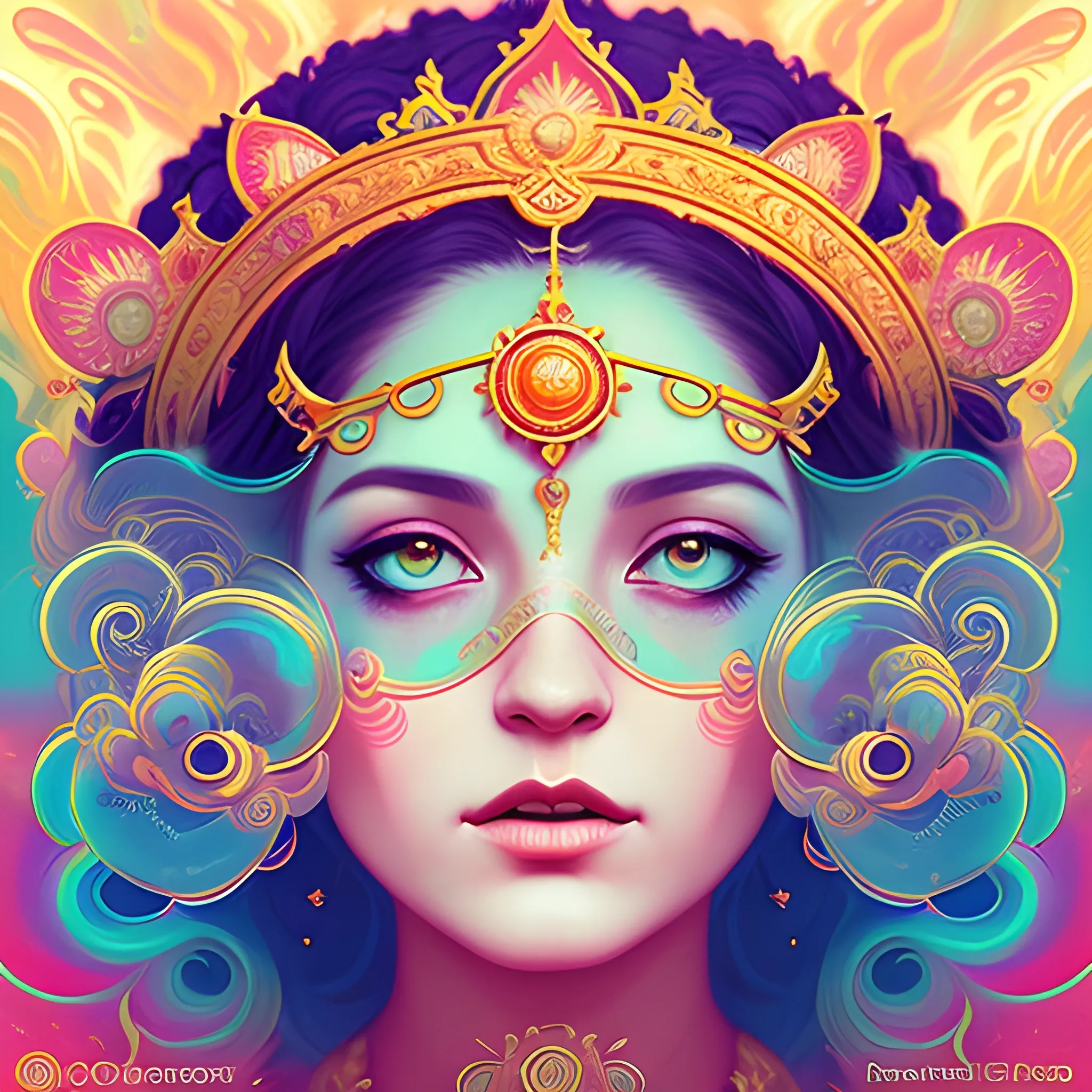 Flowery beautiful face divine feminine intimate expression empress or priestess with gold jewellery, by petros afshar, ross tran, Tom Bagshaw, tom whalen, underwater bubbly psychedelic clouds, Anaglyph 3D lens blur effect
