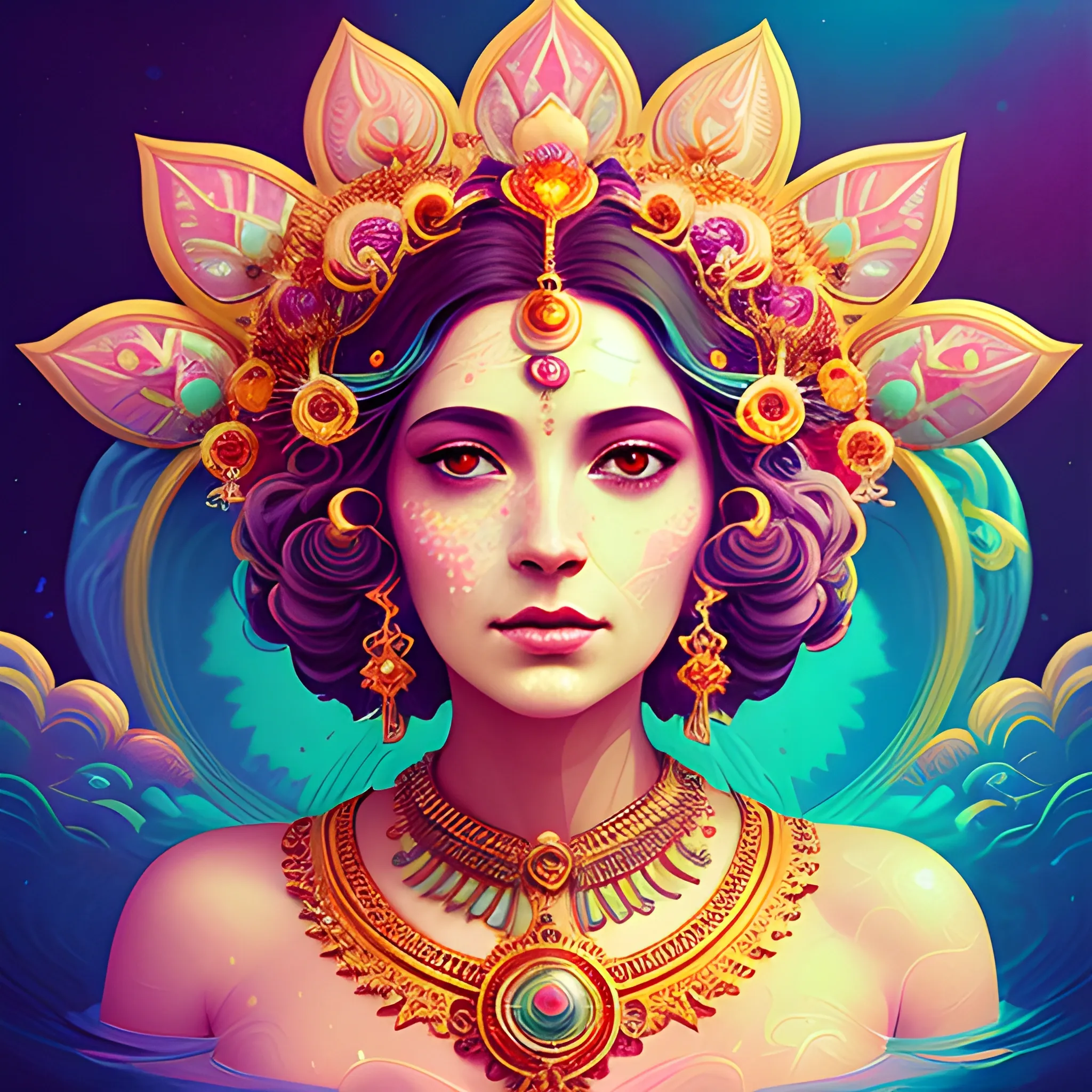 Flowery beautiful face divine feminine intimate expression empress or priestess with gold jewellery, by petros afshar, ross tran, Tom Bagshaw, tom whalen, underwater bubbly psychedelic clouds, Anaglyph 3D lens blur effect