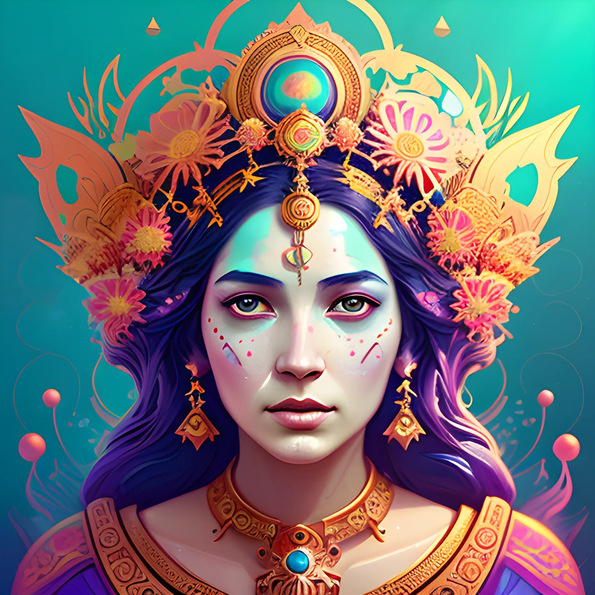 Flowery beautiful face empress or priestess with gold jewellery, by petros afshar, ross tran, Tom Bagshaw, tom whalen, underwater bubbly psychedelic clouds, Anaglyph 3D lens blur effect