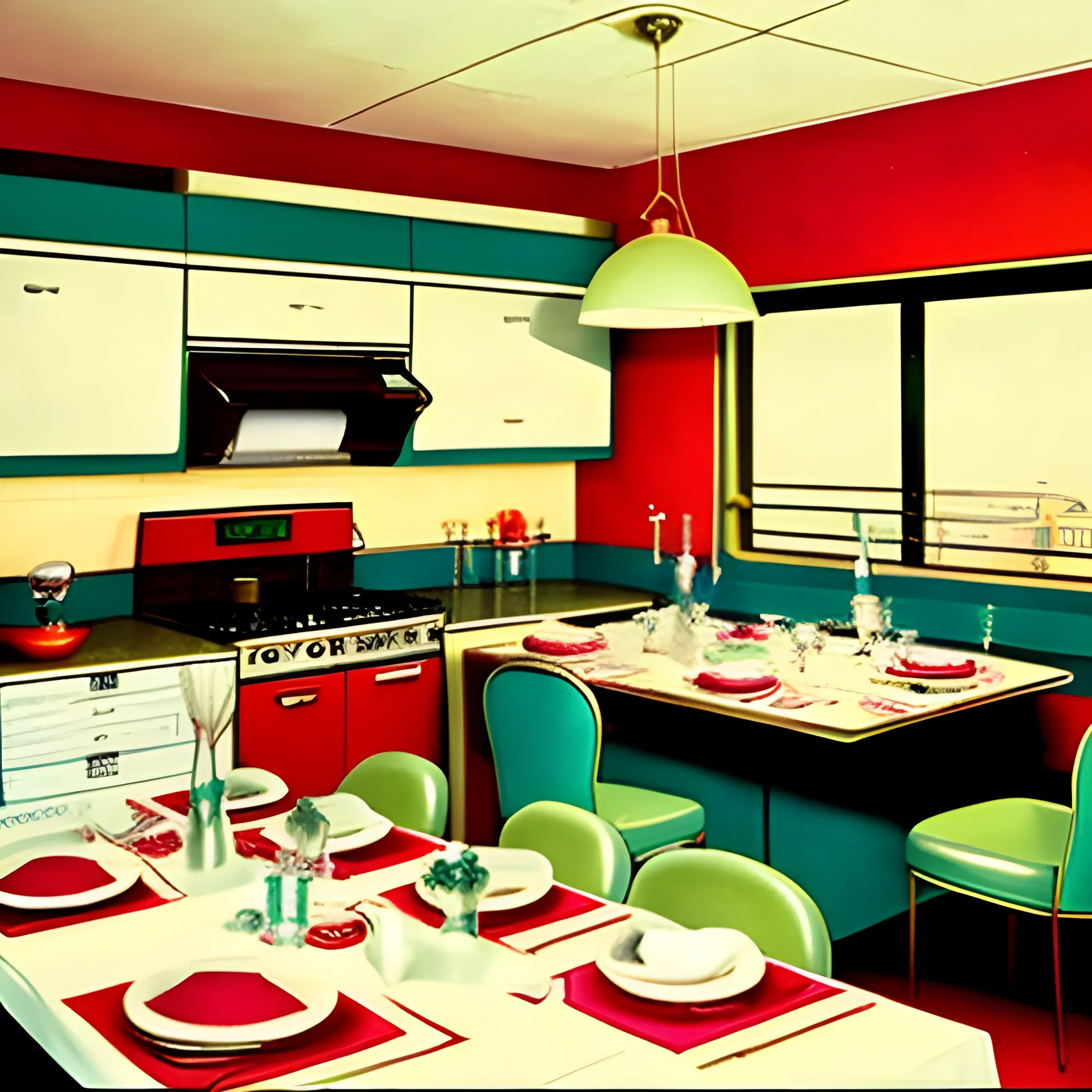 Kitchen, fancy dinner, retro futuristic, 