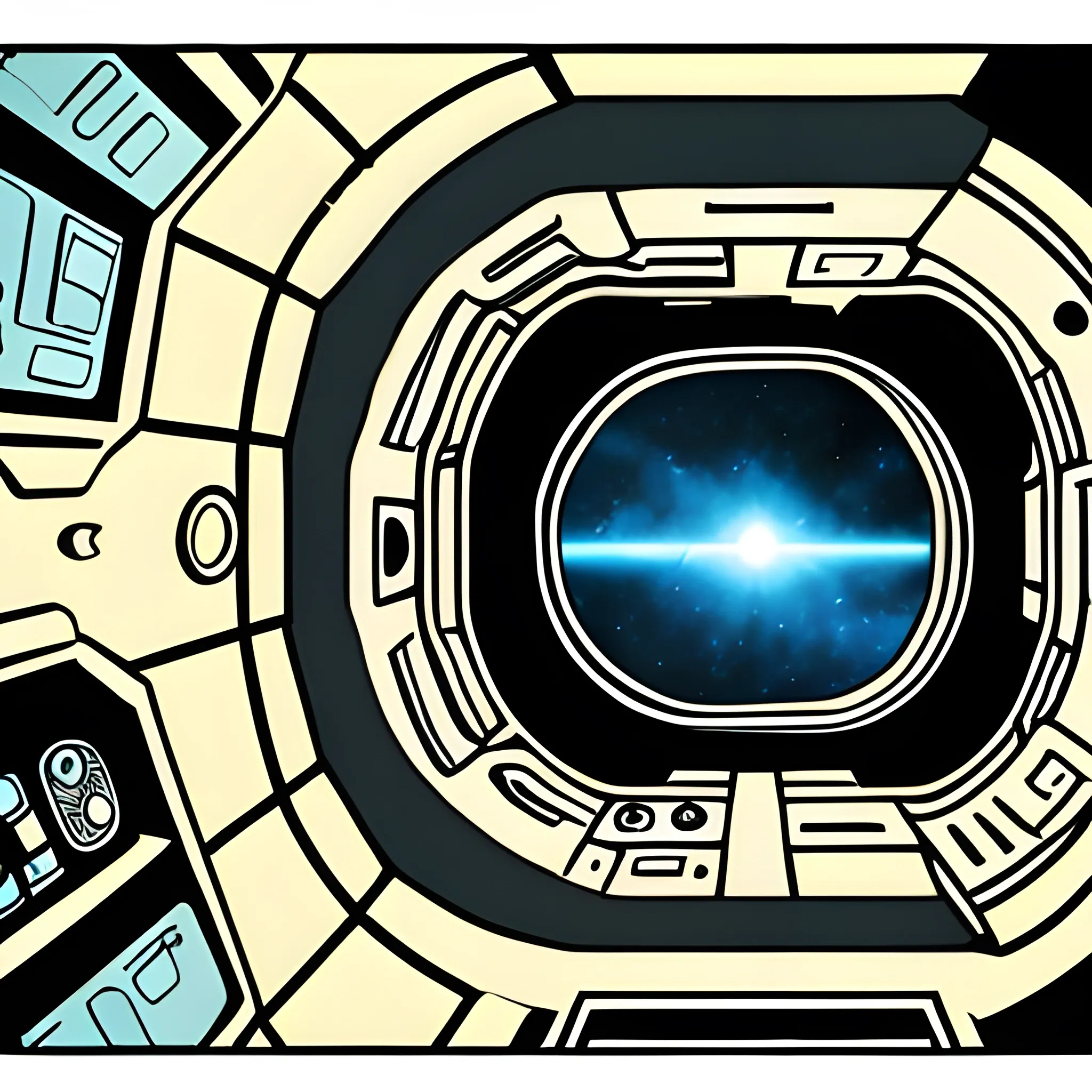 A room in a spaceship, a black hole visible from the window, comic style